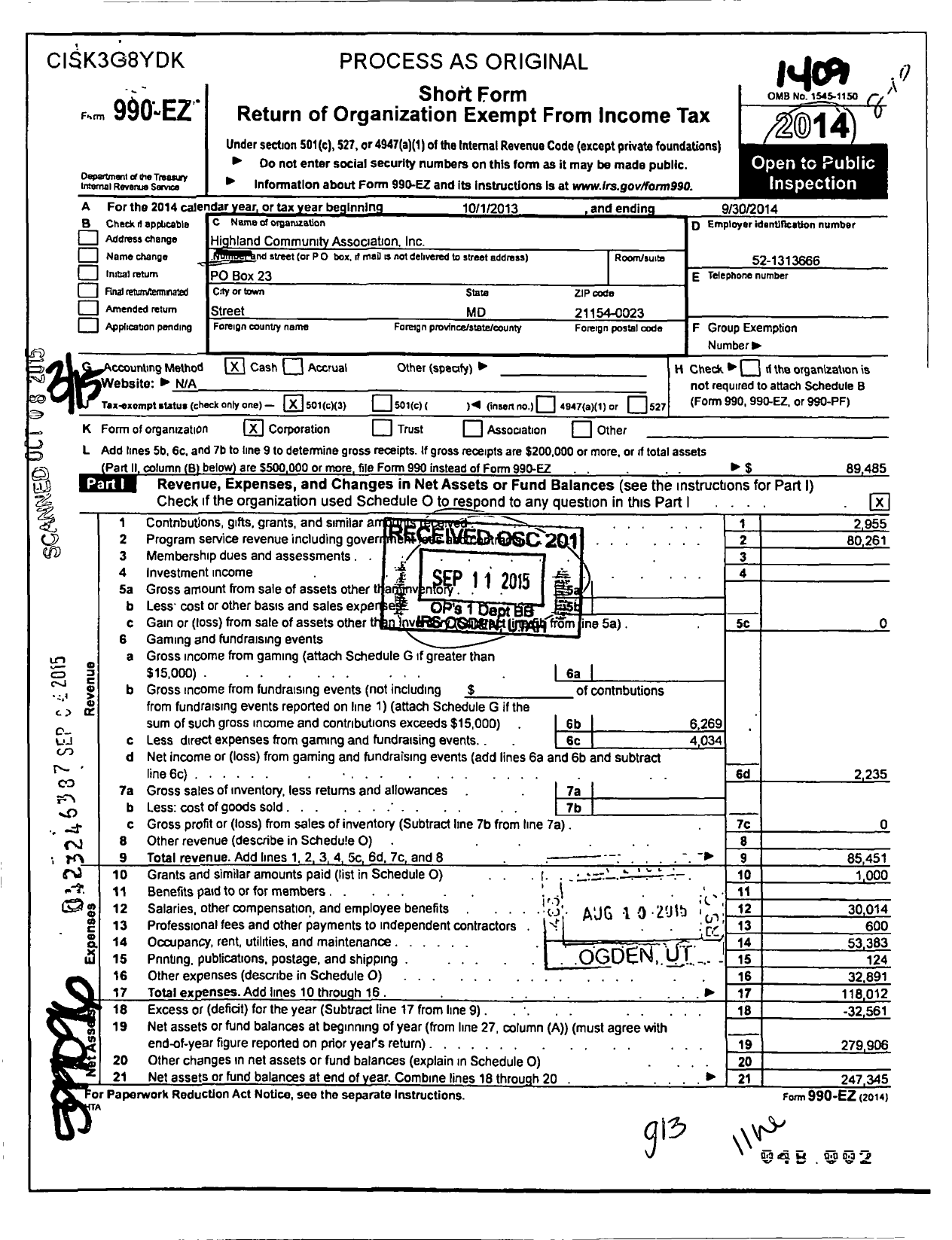 Image of first page of 2013 Form 990EZ for Highland Community Association