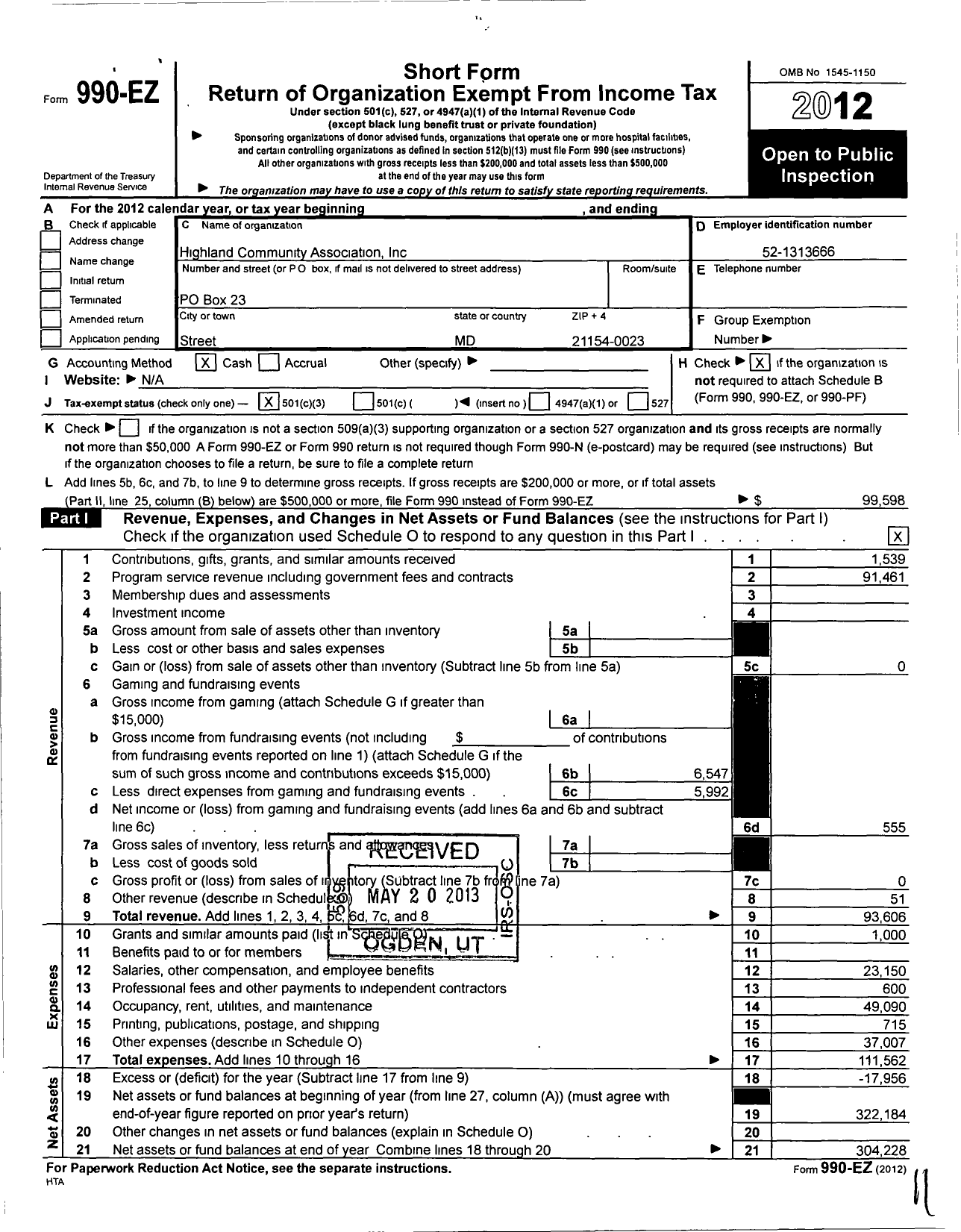 Image of first page of 2012 Form 990EZ for Highland Community Association