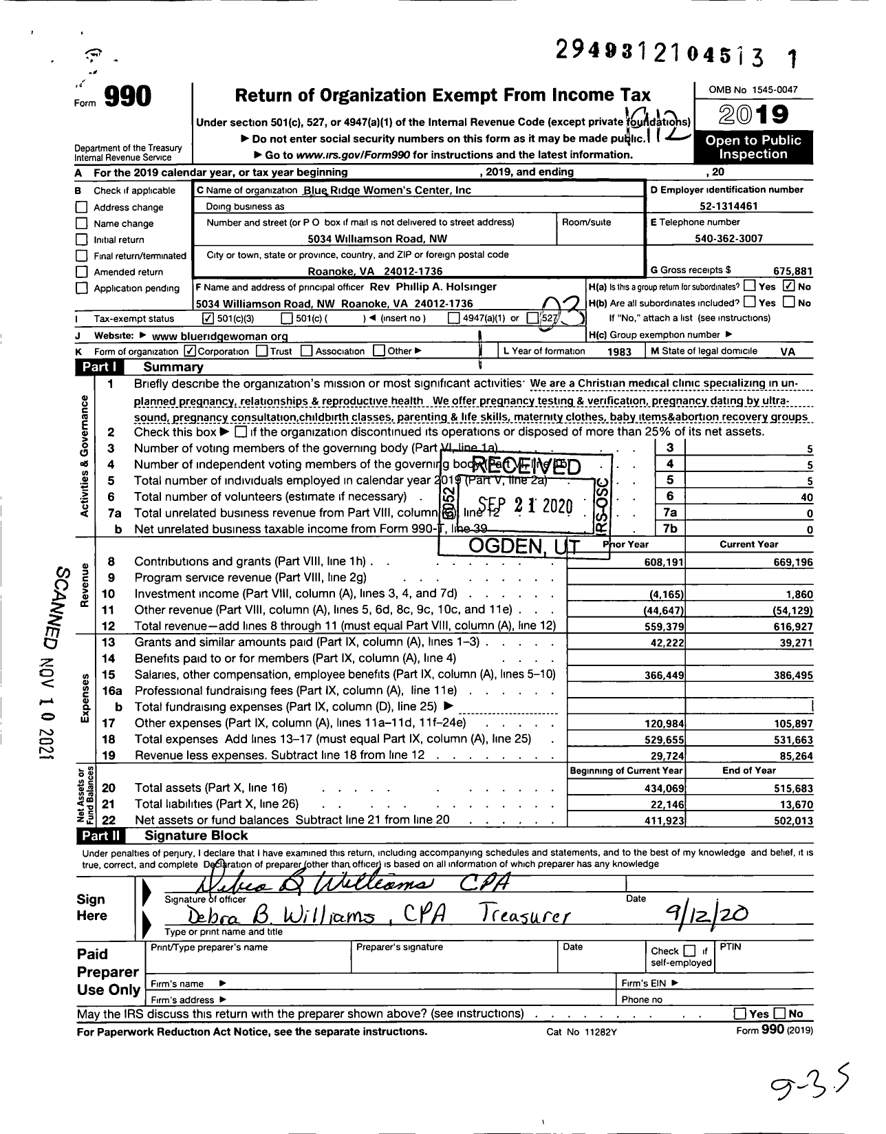 Image of first page of 2019 Form 990 for Blue Ridge Womens Center