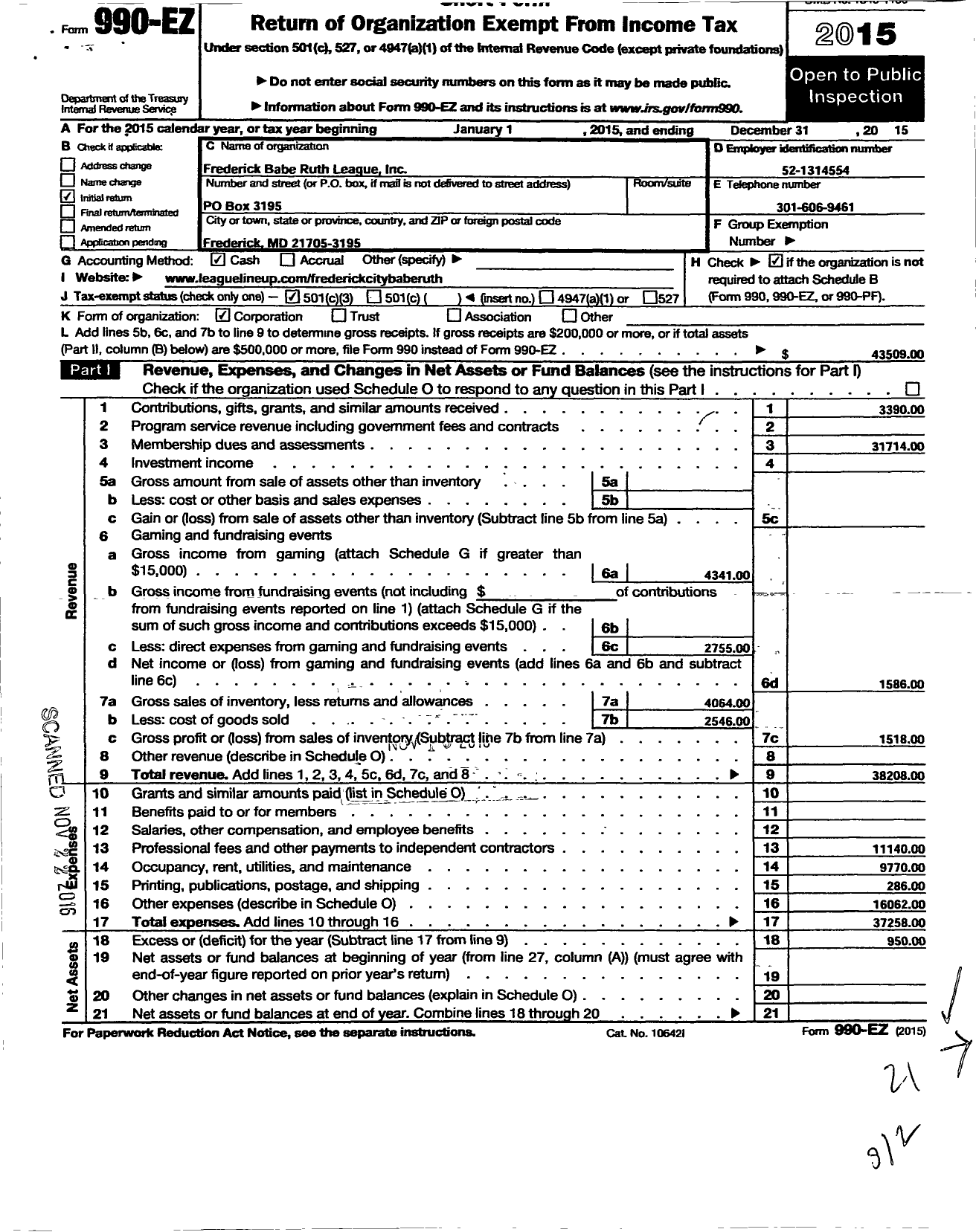 Image of first page of 2015 Form 990EZ for Frederick Babe Ruth League