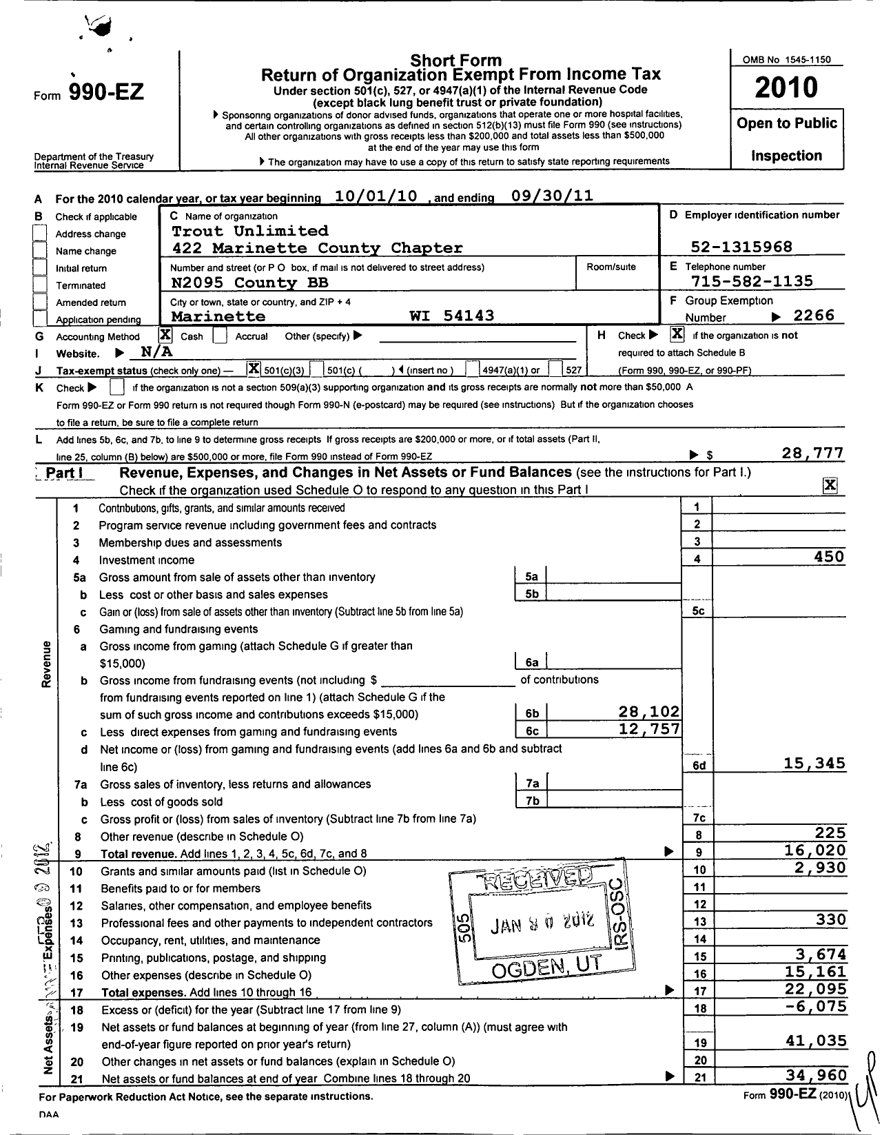 Image of first page of 2010 Form 990EZ for Trout Unlimited - 422 Marinette County
