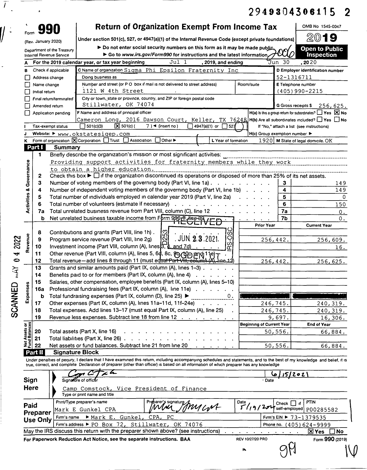 Image of first page of 2019 Form 990O for Sigma Phi Epsilon - Ok Alpha Chapter