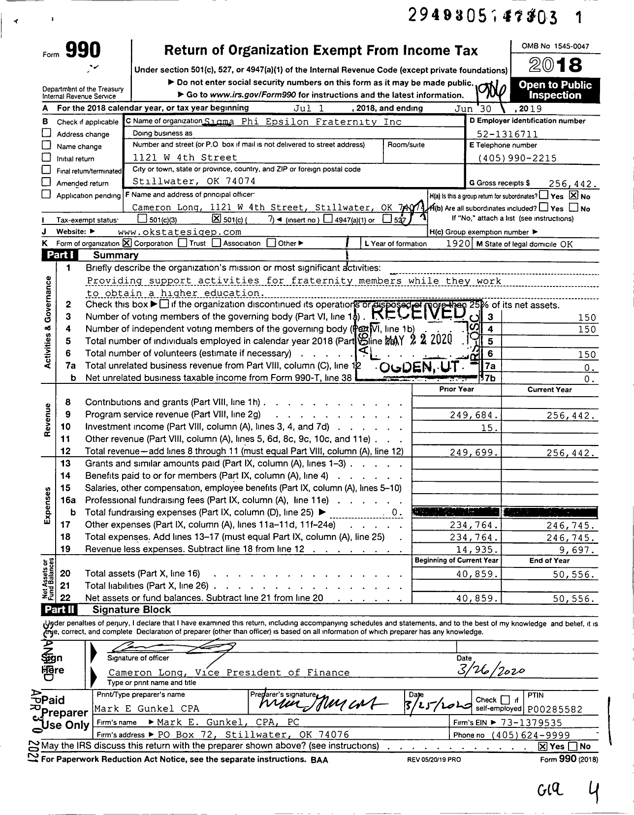 Image of first page of 2018 Form 990O for Sigma Phi Epsilon - Ok Alpha Chapter