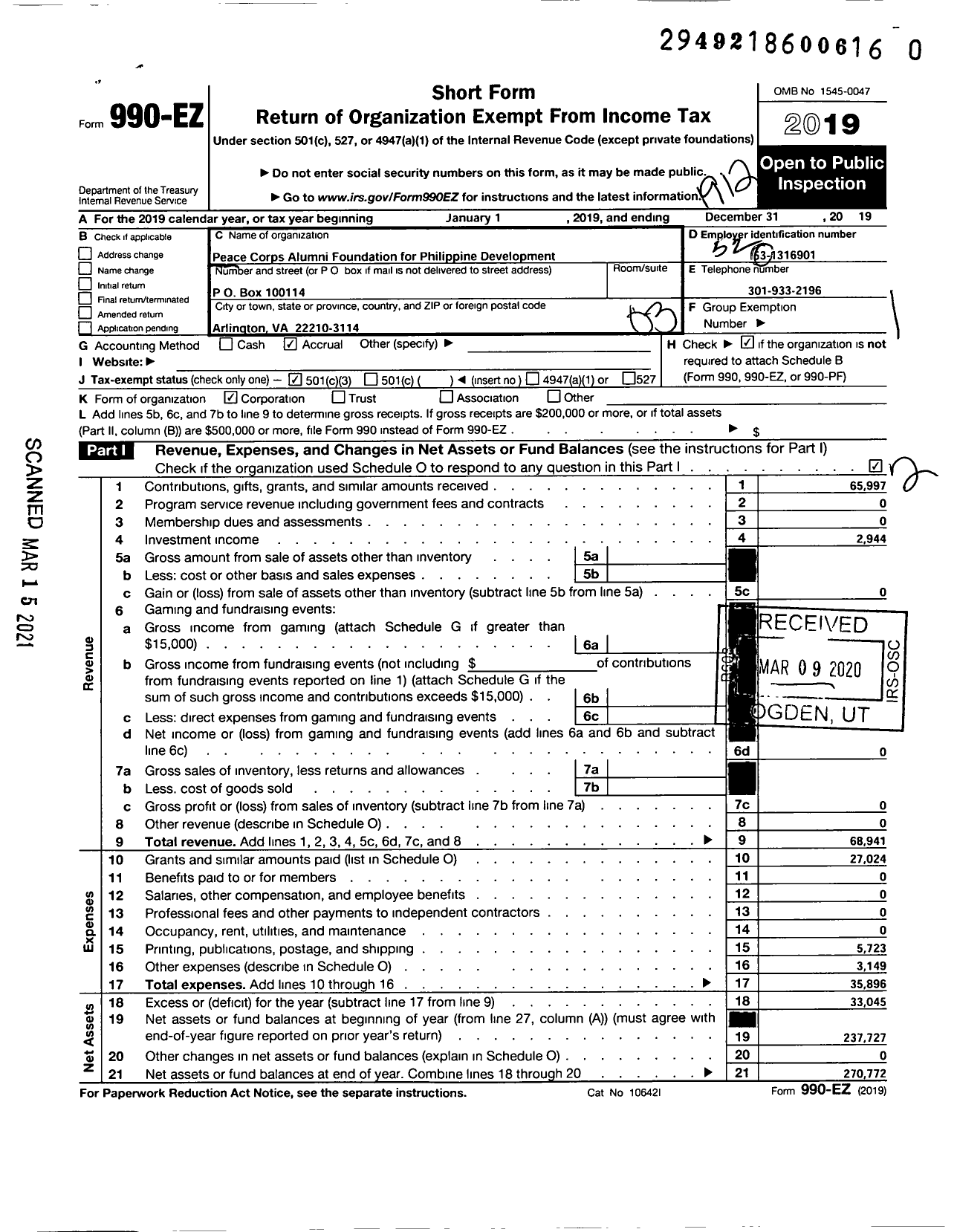 Image of first page of 2019 Form 990EZ for Peace Corps Alumni Foundation for Philippine Development