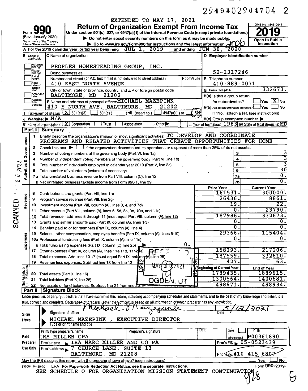 Image of first page of 2019 Form 990 for Peoples Homesteading Group Incorporated