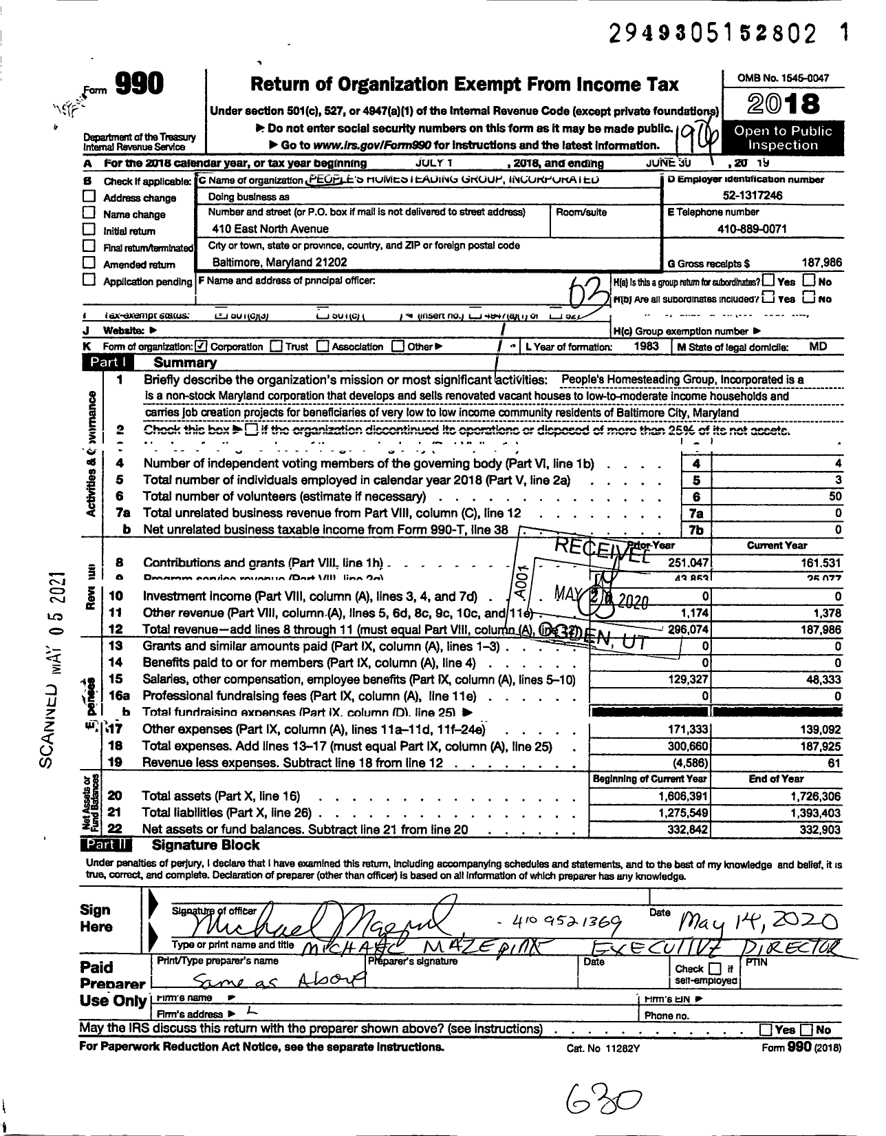 Image of first page of 2018 Form 990 for Peoples Homesteading Group Incorporated