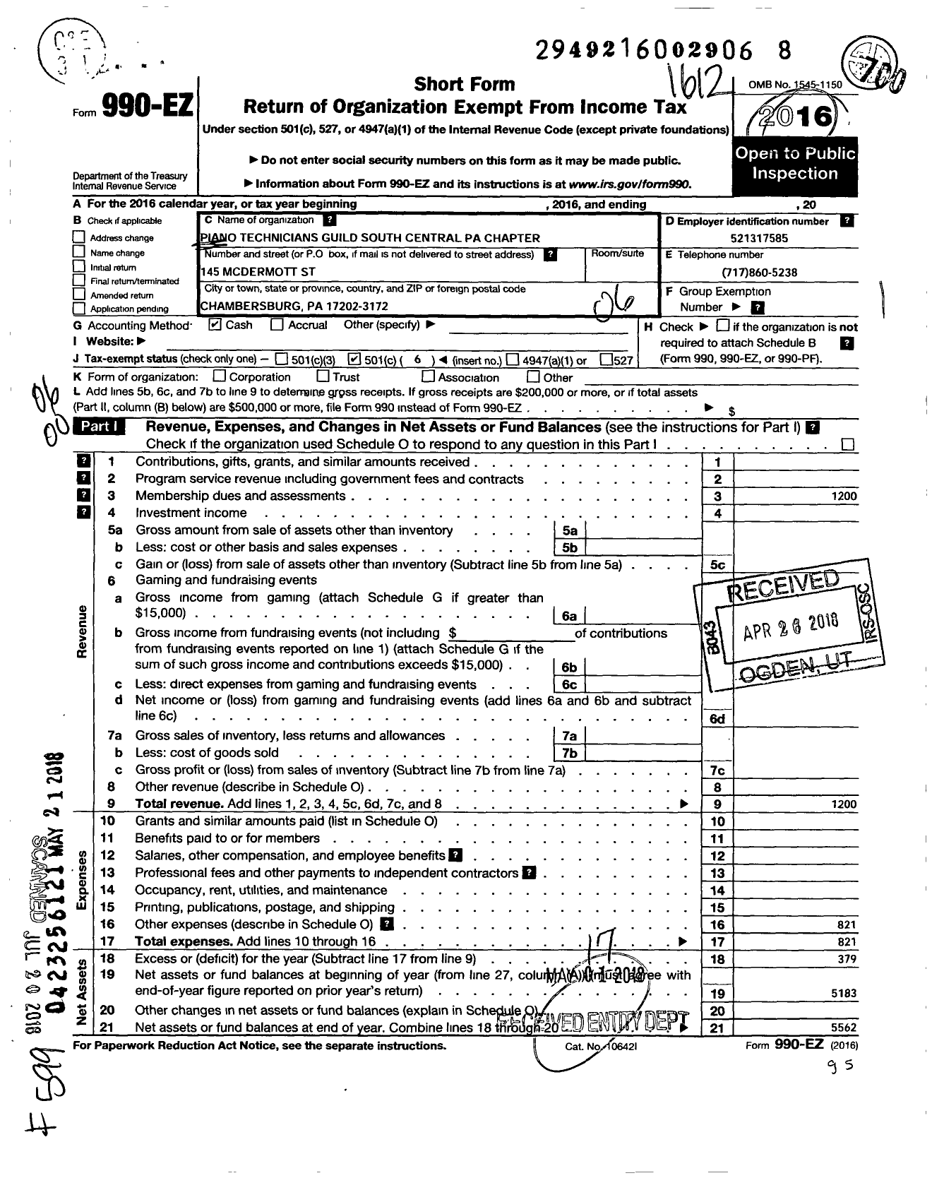 Image of first page of 2016 Form 990EO for Piano Technicians Guild South Central Pa Chapter