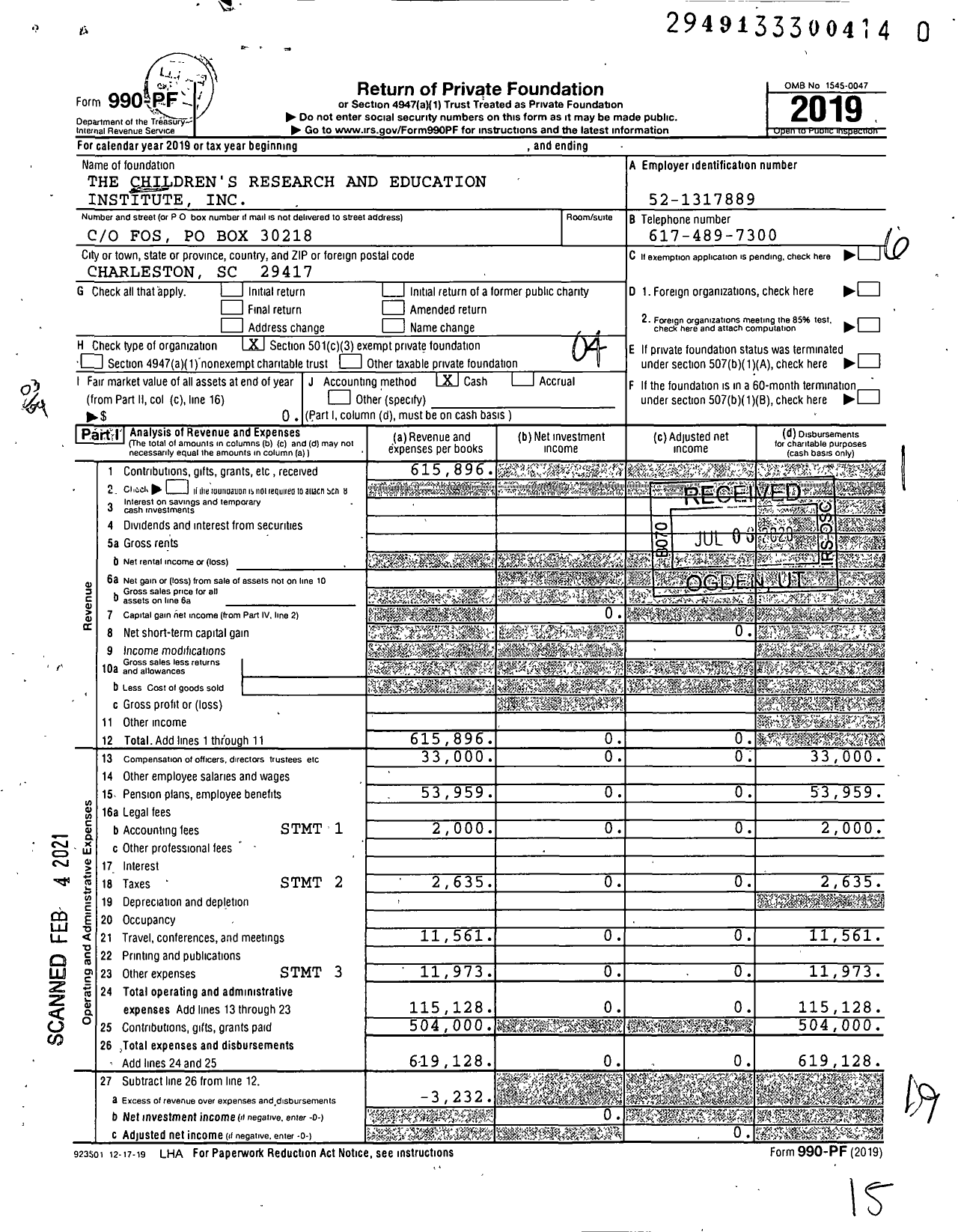 Image of first page of 2019 Form 990PF for The Children's Research and Education Institute