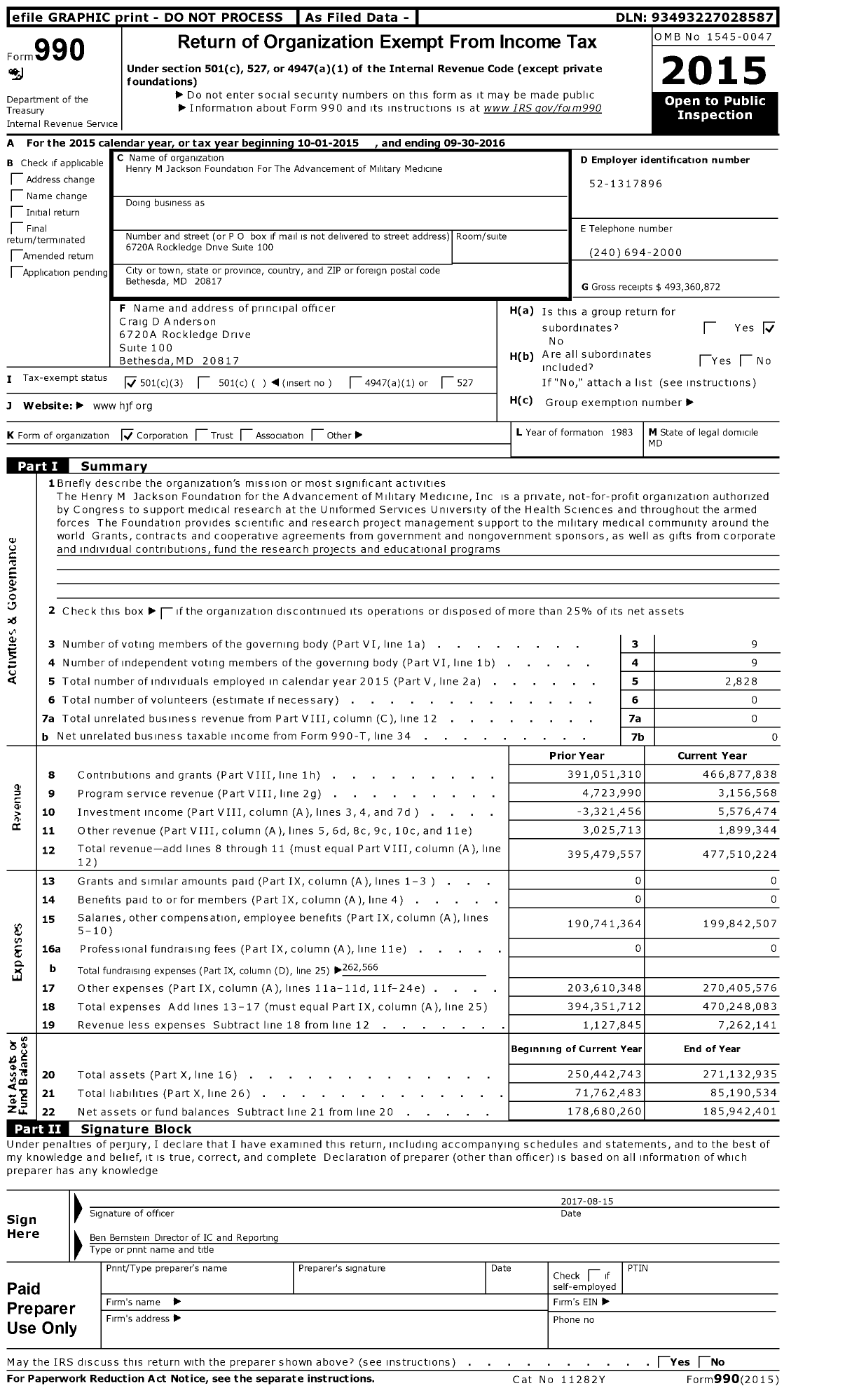 Image of first page of 2015 Form 990 for Henry M Jackson Foundation For The Advancement of Military Medicine