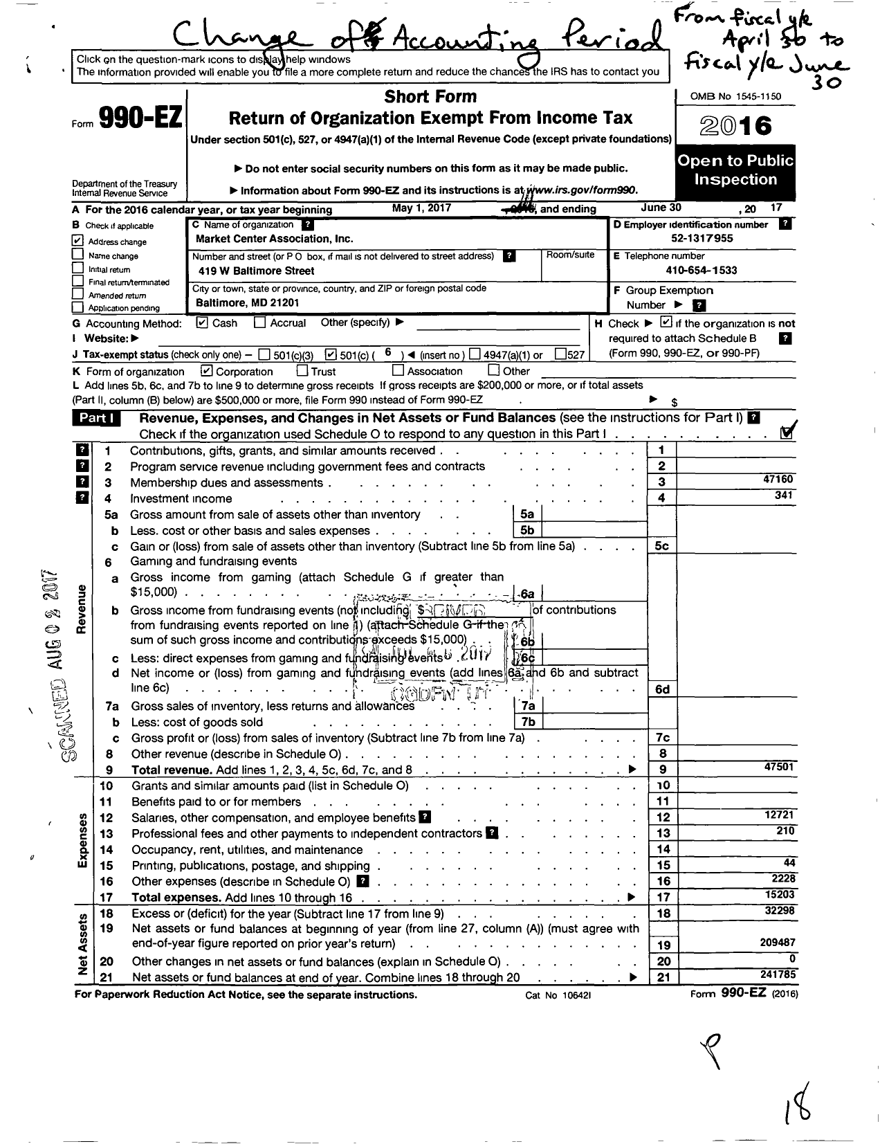 Image of first page of 2016 Form 990EO for Market Center Association