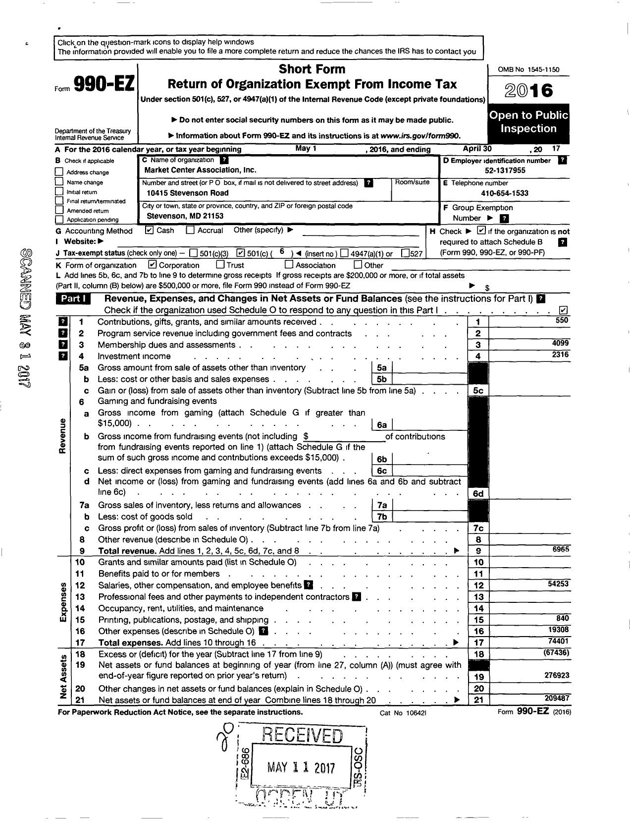 Image of first page of 2016 Form 990EO for Market Center Association