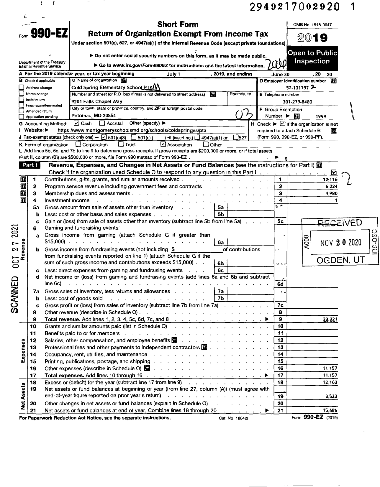 Image of first page of 2019 Form 990EZ for PTA Delaware Congress / Cold Springs Elementary School