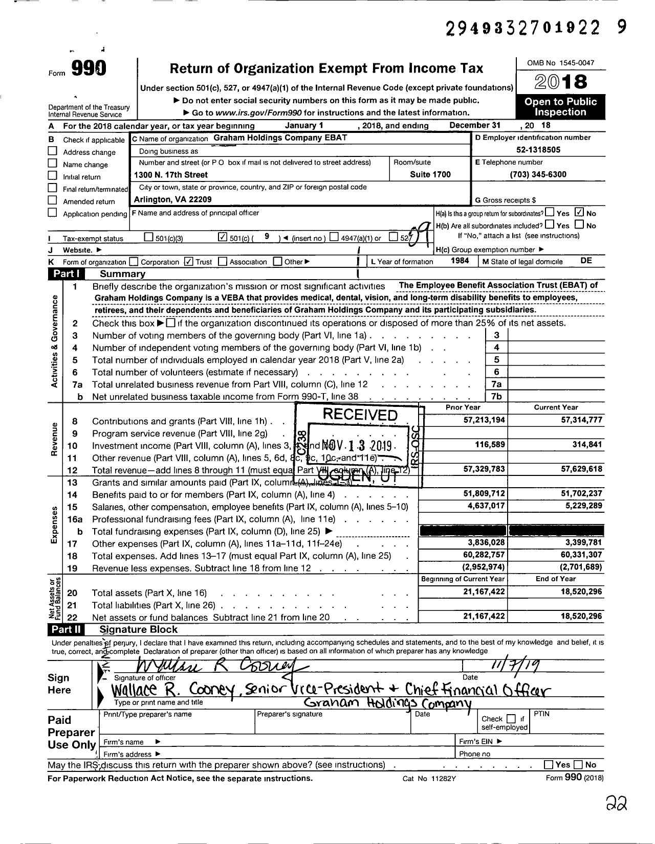 Image of first page of 2018 Form 990O for Graham Holdings Company EBAT