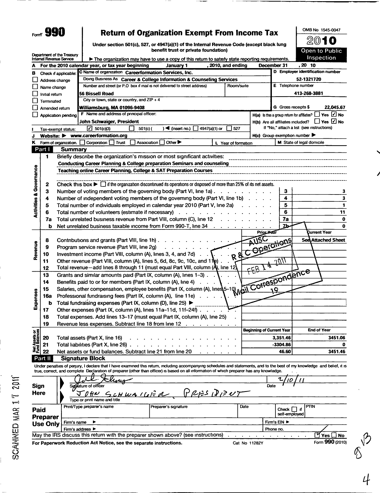 Image of first page of 2010 Form 990 for Careerformation Services