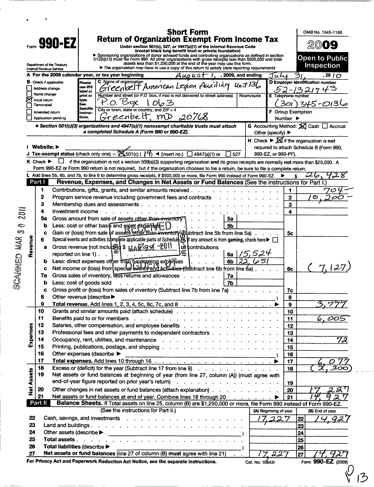 Image of first page of 2009 Form 990EO for American Legion Auxiliary - 136 Maryland Greenbelt