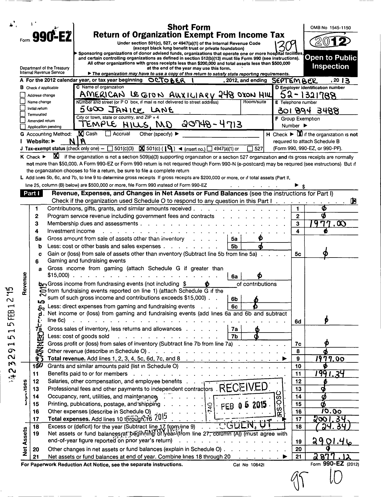 Image of first page of 2012 Form 990EO for American Legion Auxiliary - 248 Oxon Hill