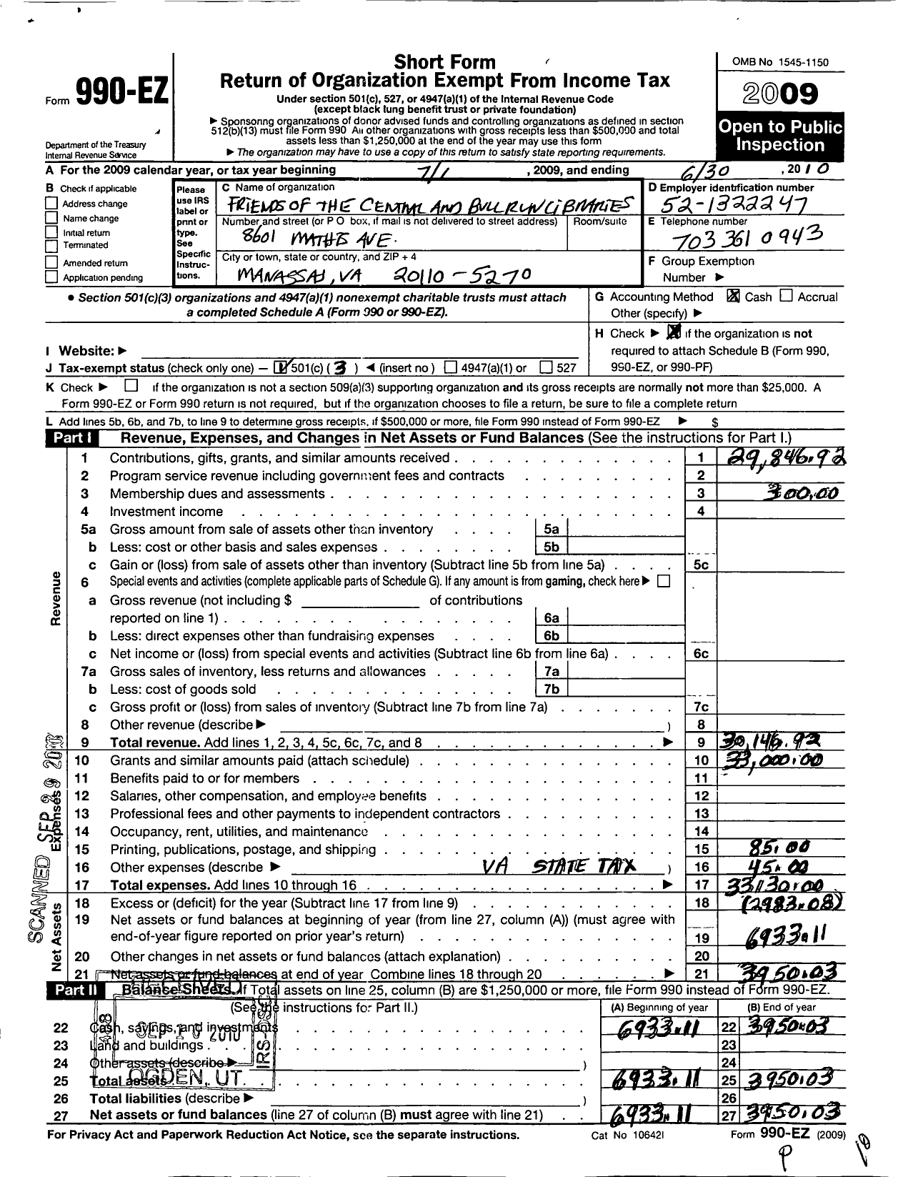 Image of first page of 2009 Form 990EZ for Friends of the Central & Bull Run Libraries