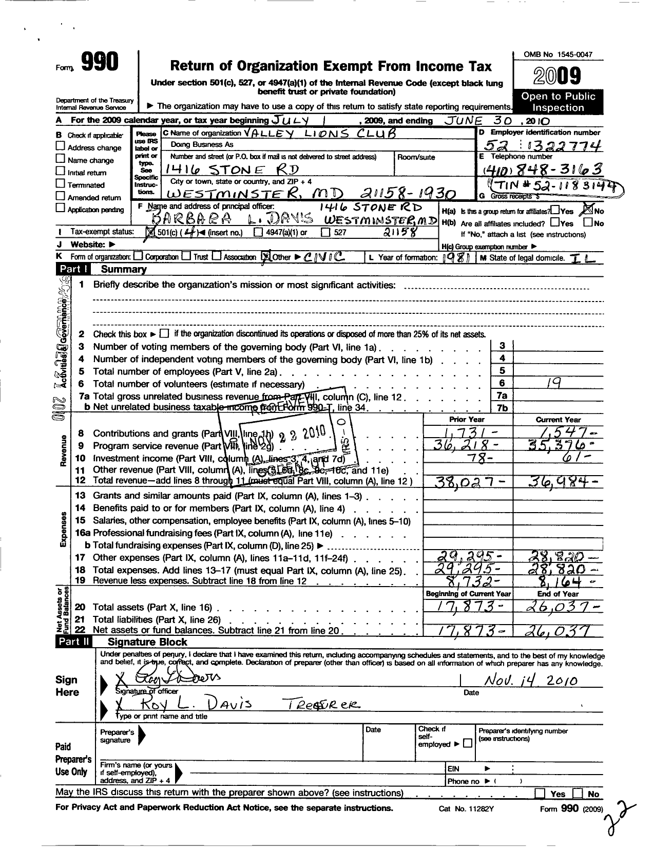 Image of first page of 2009 Form 990O for Lions Clubs - 38142 Valley