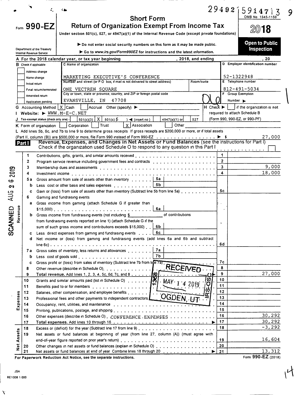 Image of first page of 2018 Form 990EO for Marketing Executive's Conference