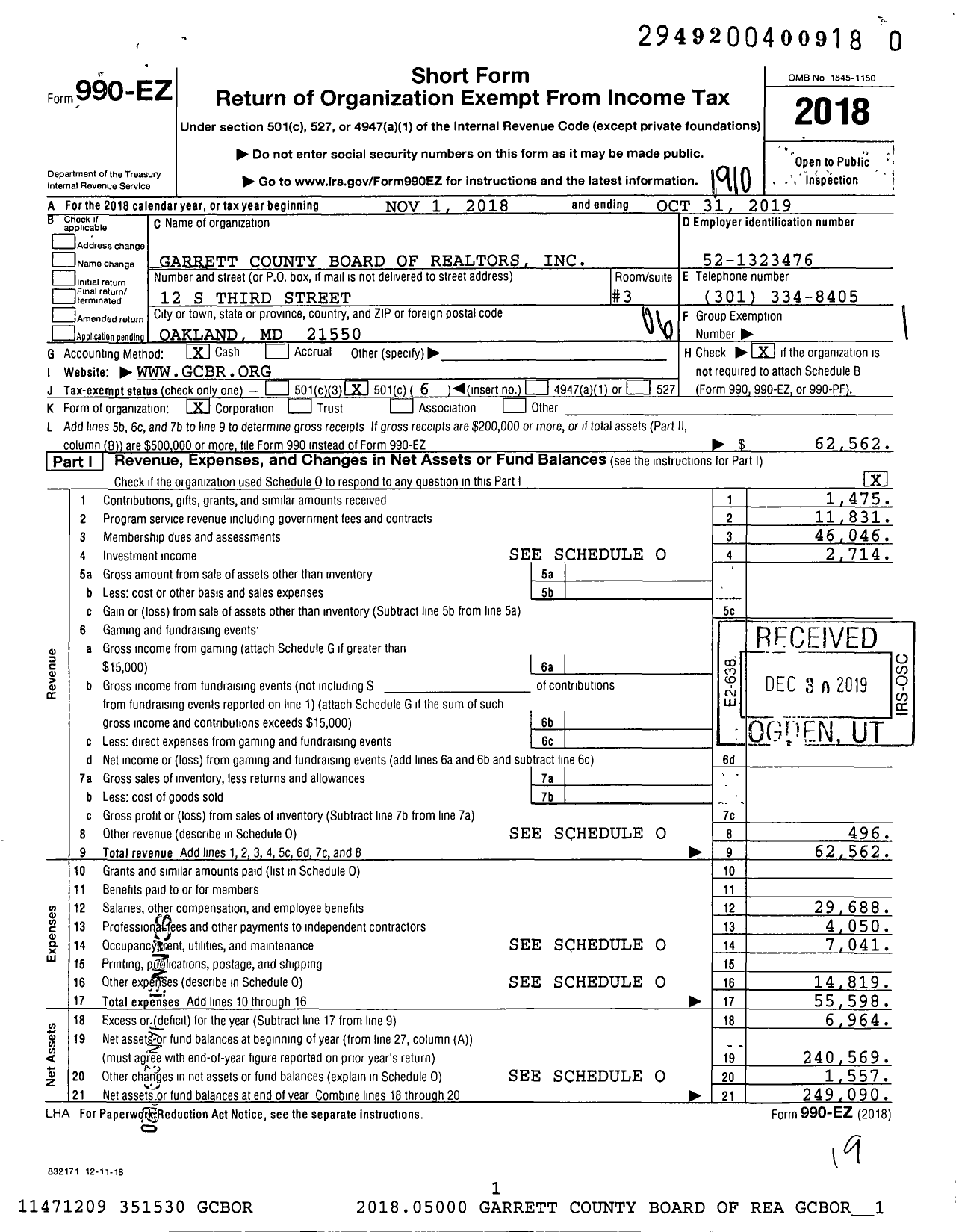 Image of first page of 2018 Form 990EO for Garrett County Board of Realtors