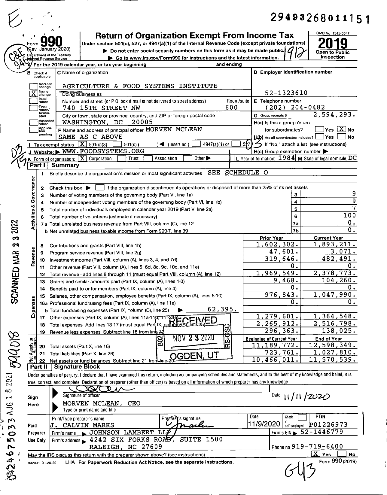 Image of first page of 2019 Form 990 for Agriculture and Food Systems Institute (ILSI)