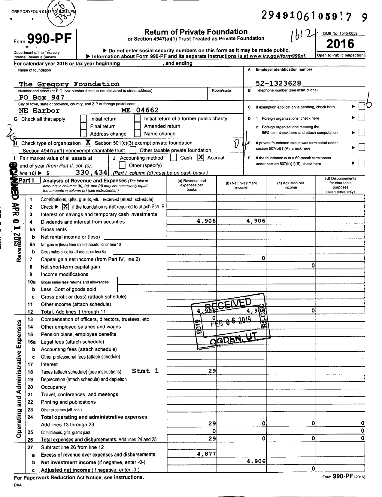 Image of first page of 2016 Form 990PF for The Gregory Foundation