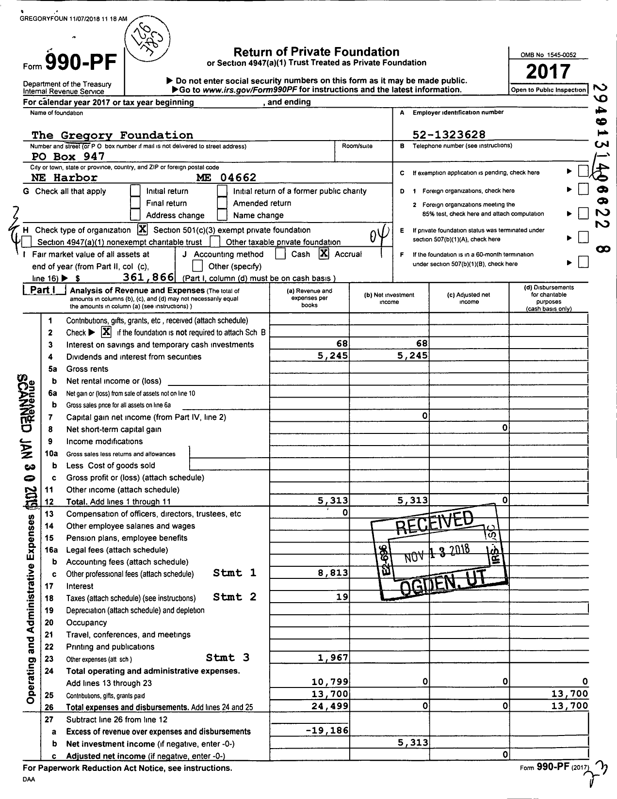 Image of first page of 2017 Form 990PF for The Gregory Foundation