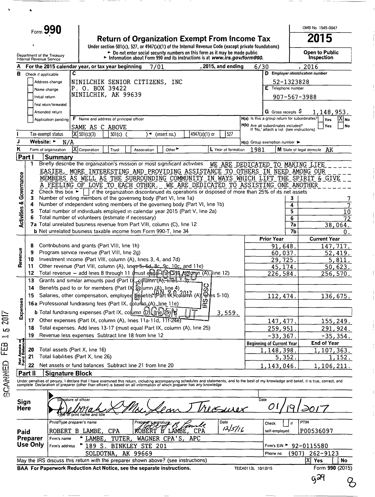 Image of first page of 2015 Form 990 for Ninilchik Senior Citizens