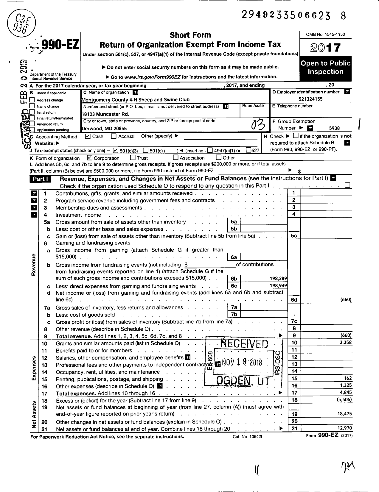 Image of first page of 2017 Form 990EZ for Montgomery County 4-H Sheep and Swine Club