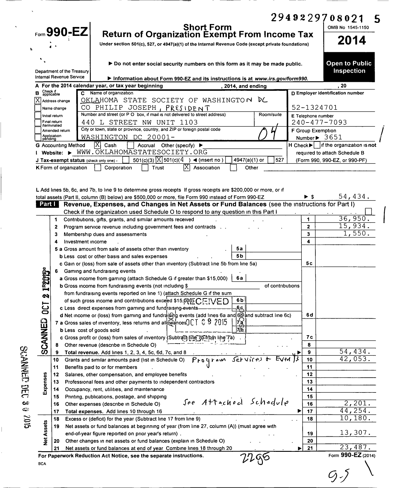 Image of first page of 2014 Form 990EO for National Conference of State Societies Washington District of C