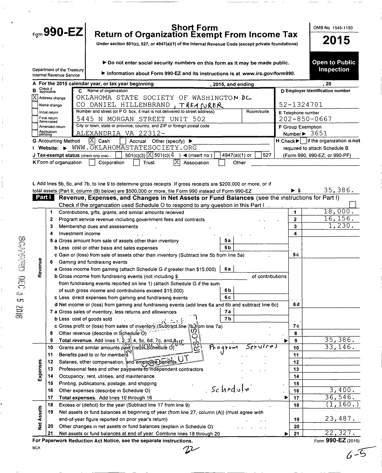 Image of first page of 2015 Form 990EO for National Conference of State Societies Washington District of C