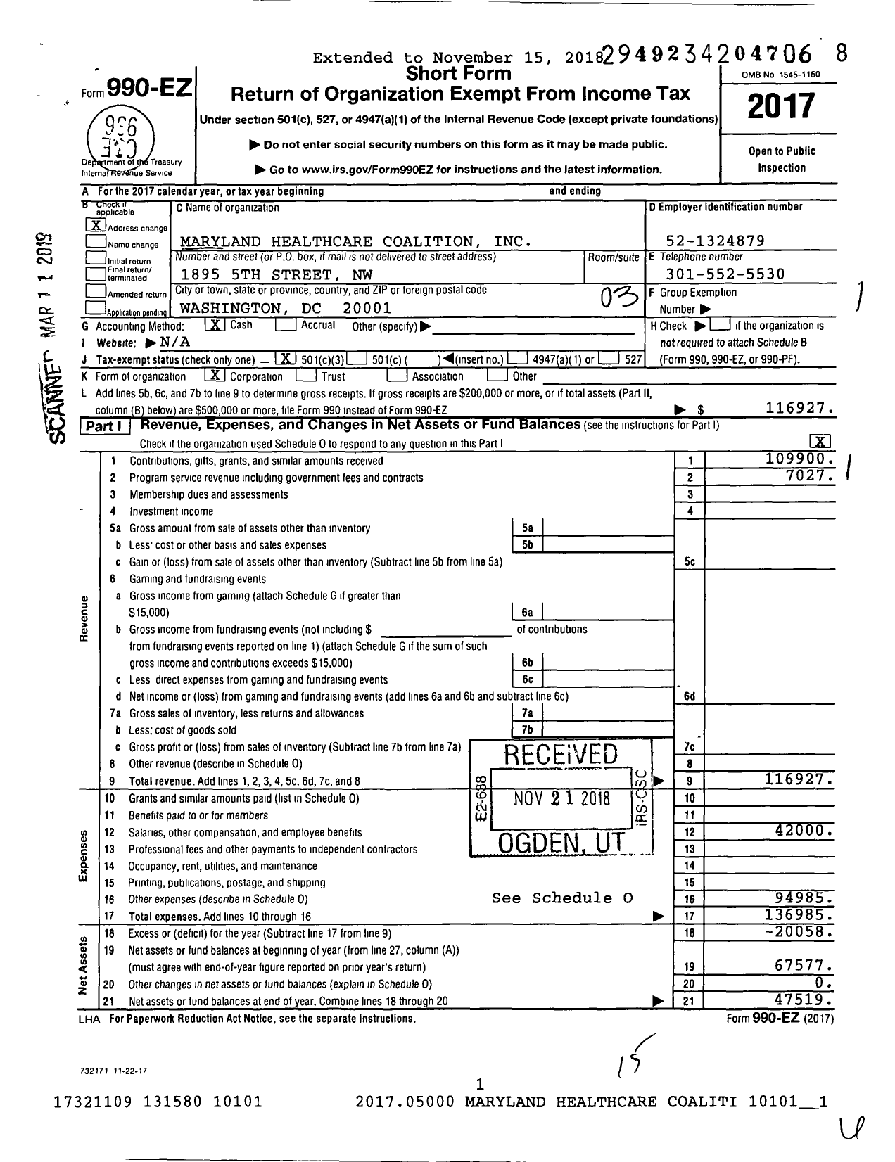 Image of first page of 2017 Form 990EZ for Maryland Health Care Coalition