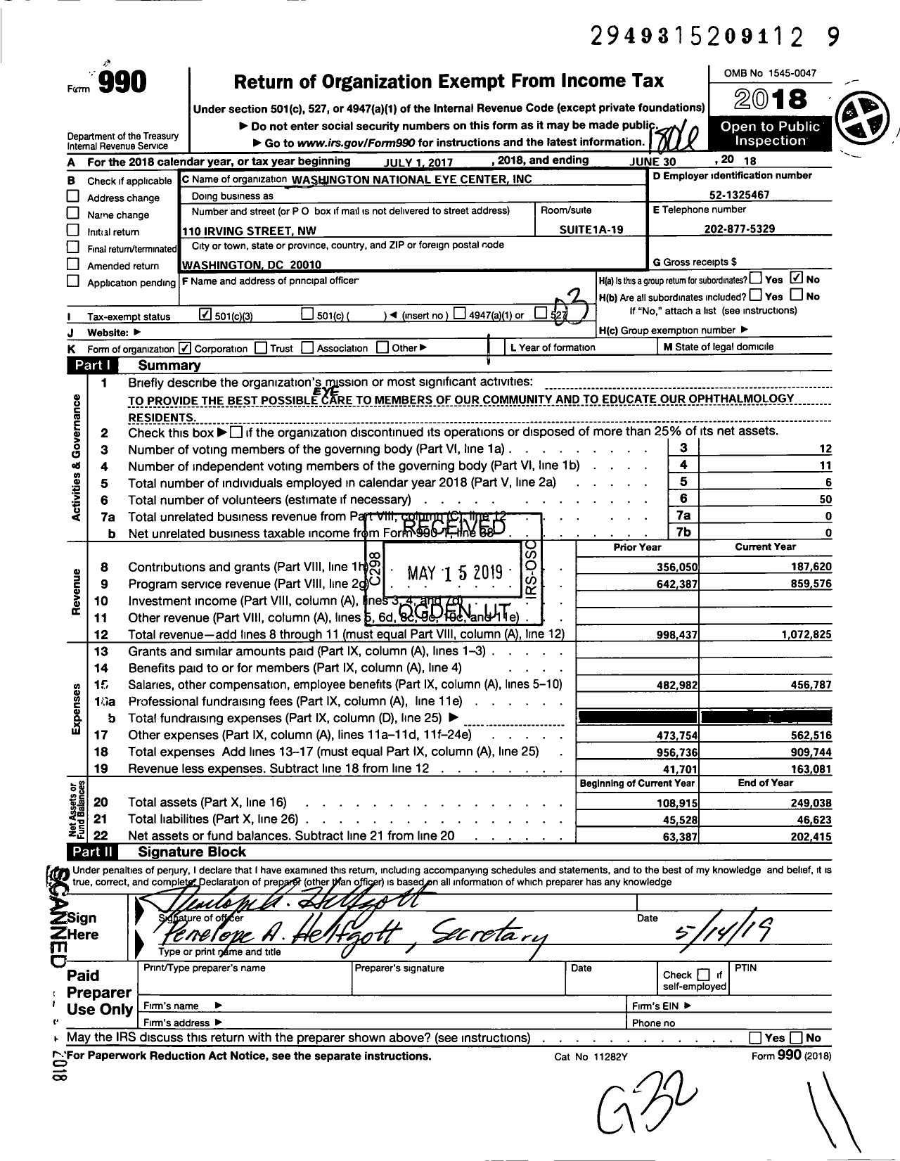 Image of first page of 2017 Form 990 for Washington National Eye Center