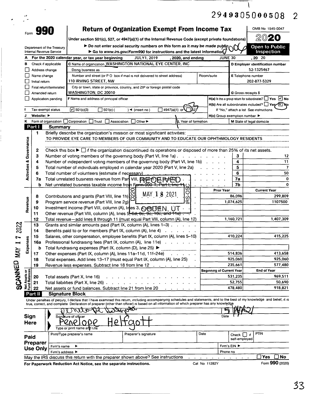 Image of first page of 2019 Form 990 for Washington National Eye Center