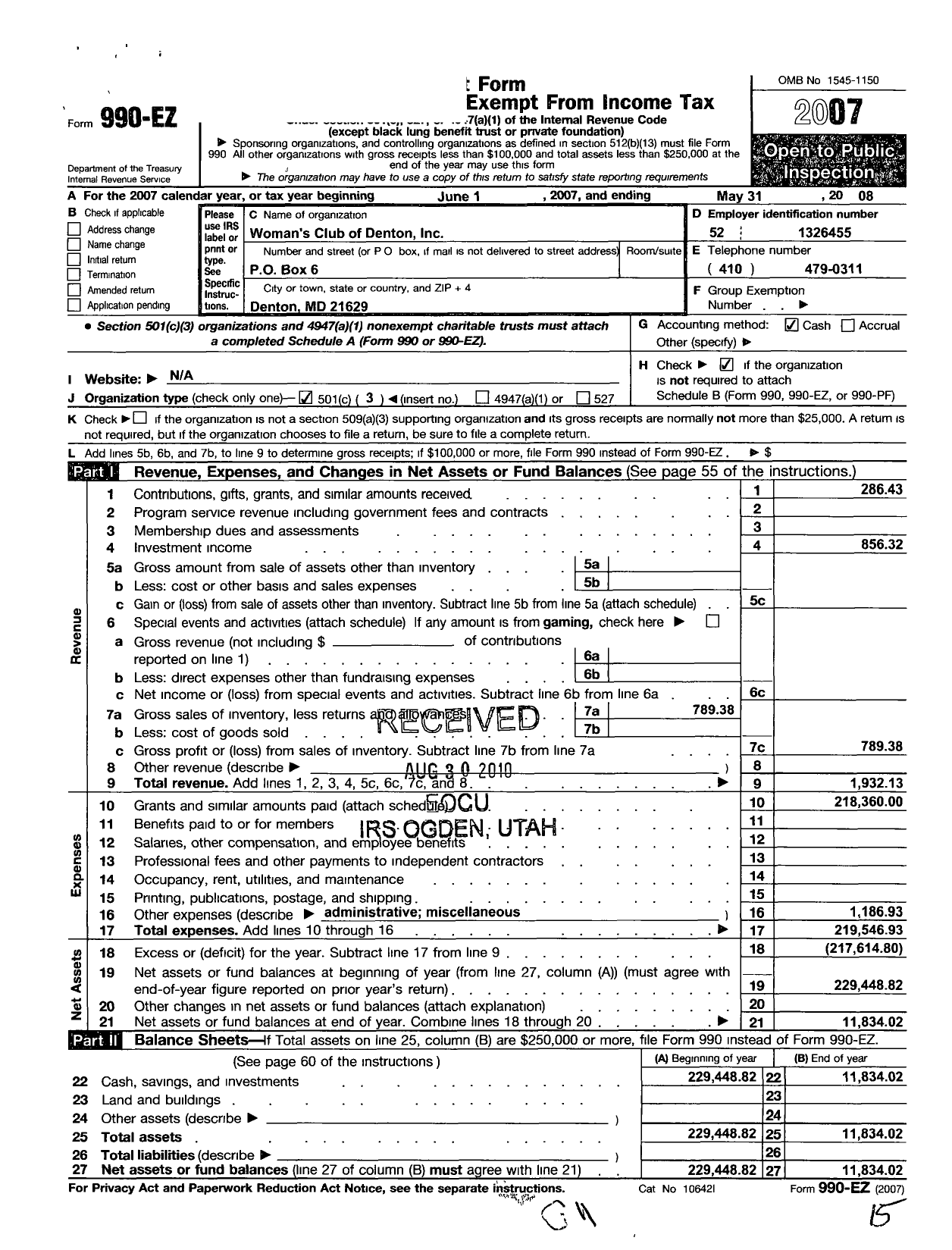 Image of first page of 2007 Form 990EZ for Womens Club of Denton