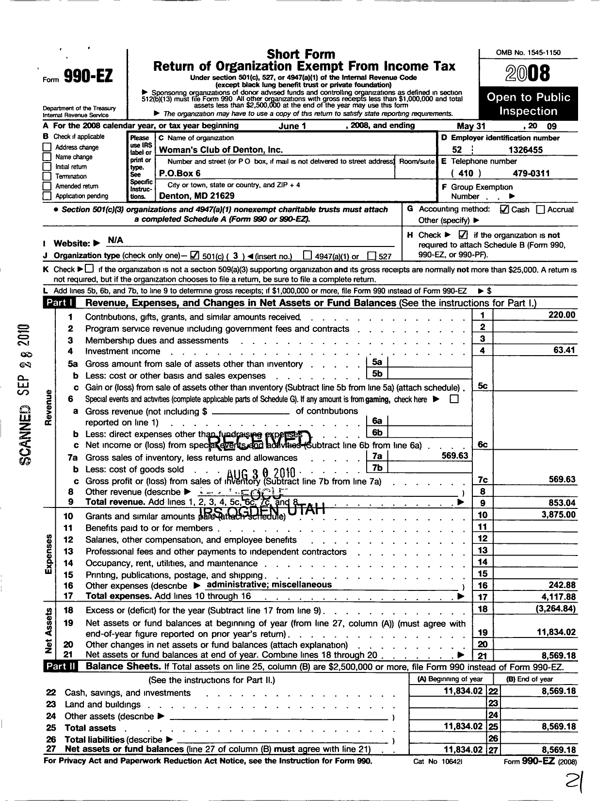 Image of first page of 2008 Form 990EZ for Womens Club of Denton