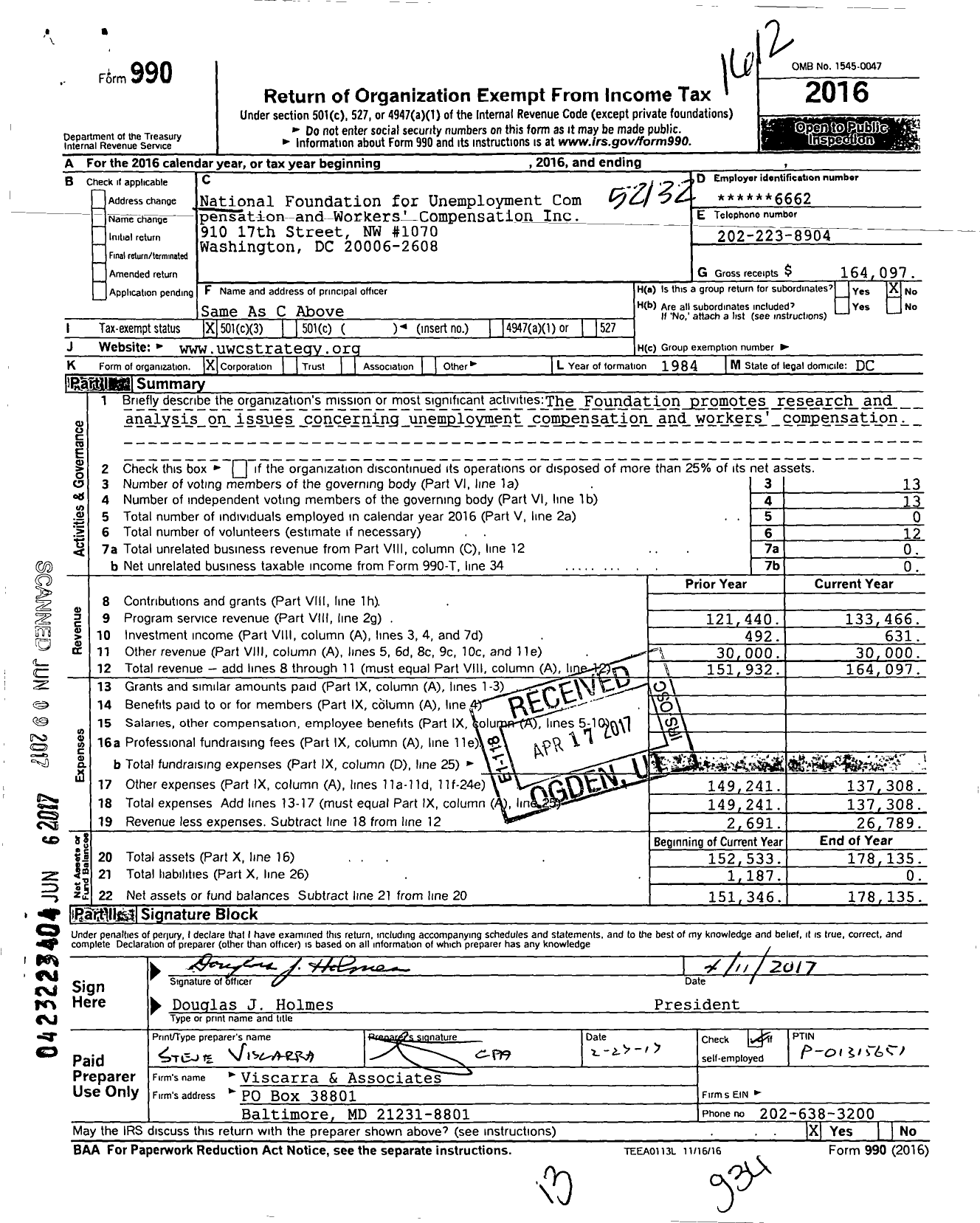 Image of first page of 2016 Form 990 for National Foundation for Unemployment Compensation pensation and Workers Compensation
