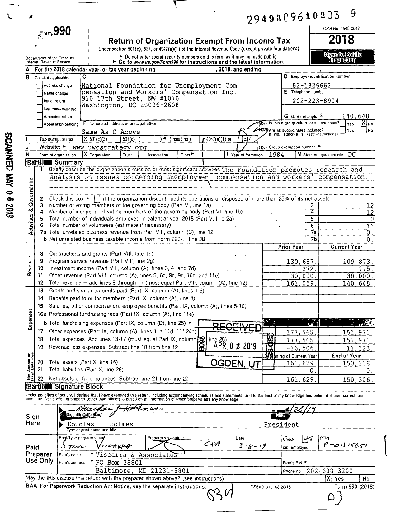 Image of first page of 2018 Form 990 for National Foundation for Unemployment Compensation pensation and Workers Compensation