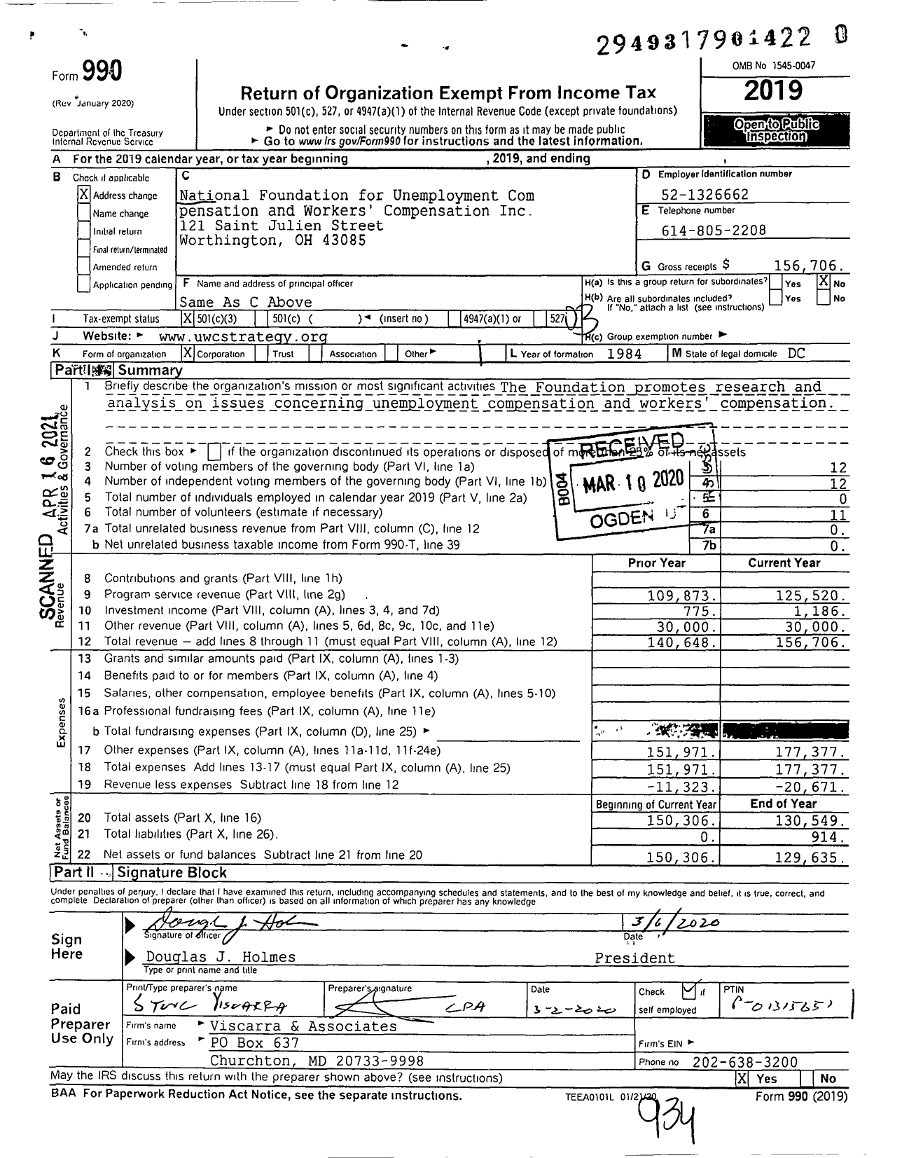 Image of first page of 2019 Form 990 for National Foundation for Unemployment Compensation pensation and Workers Compensation