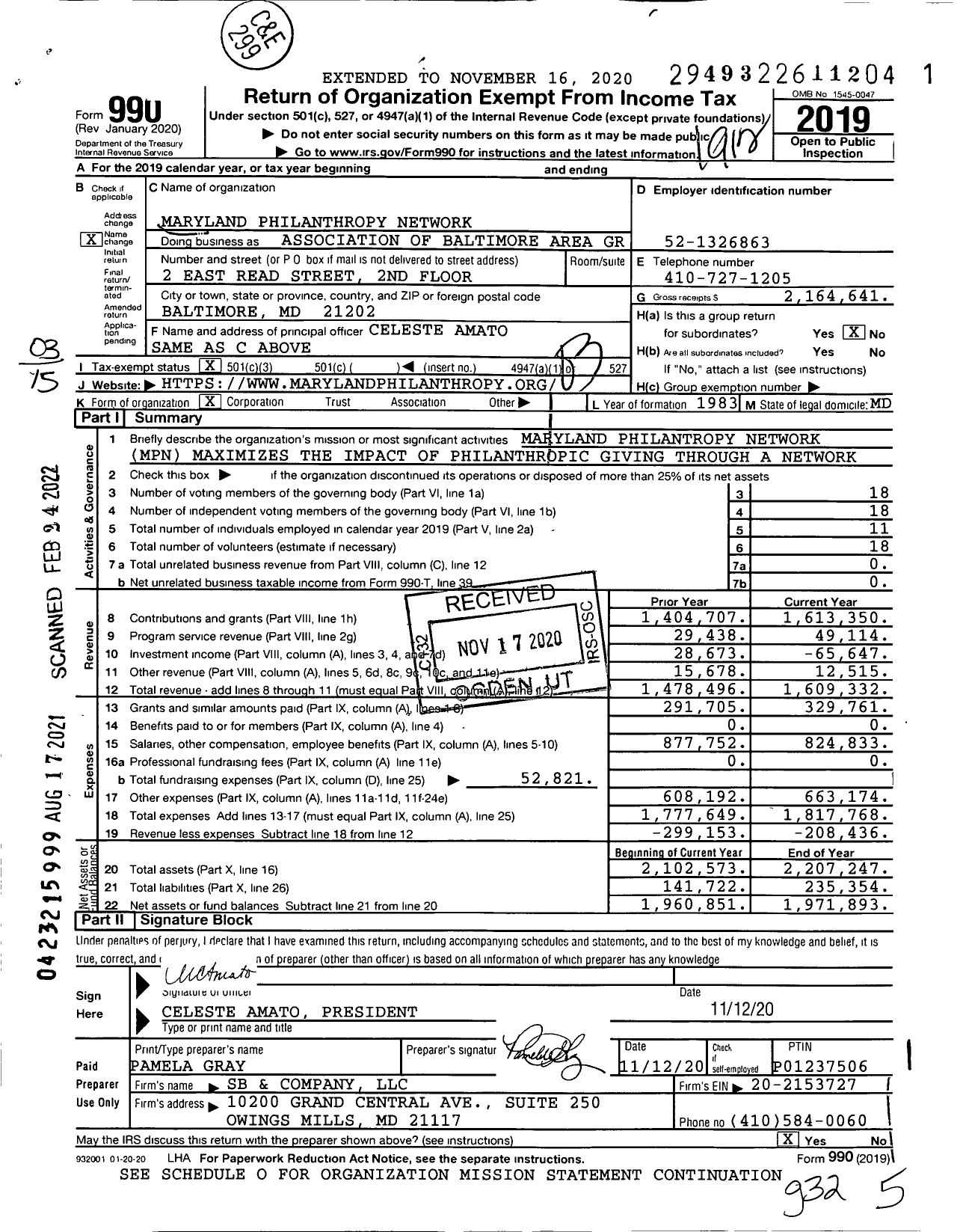 Image of first page of 2019 Form 990 for Association of Baltimore Area Grantmakers