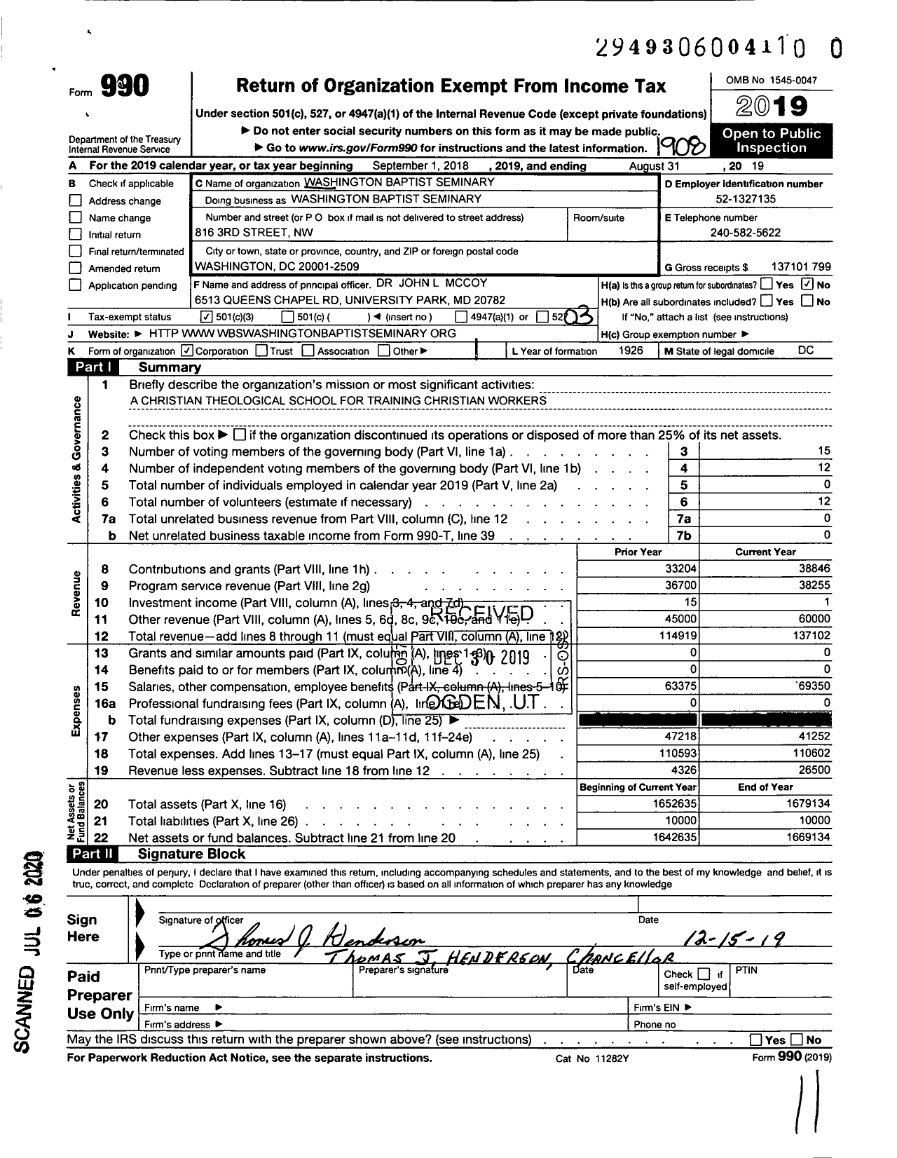 Image of first page of 2018 Form 990 for Washinton Baptist Theological Seminary