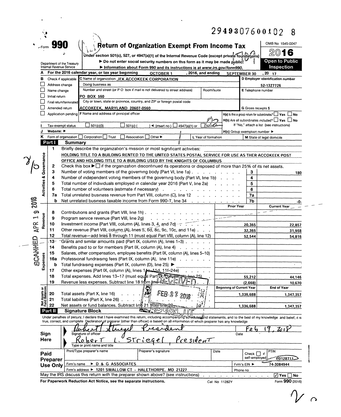 Image of first page of 2016 Form 990O for JFK Accokeek Corporation