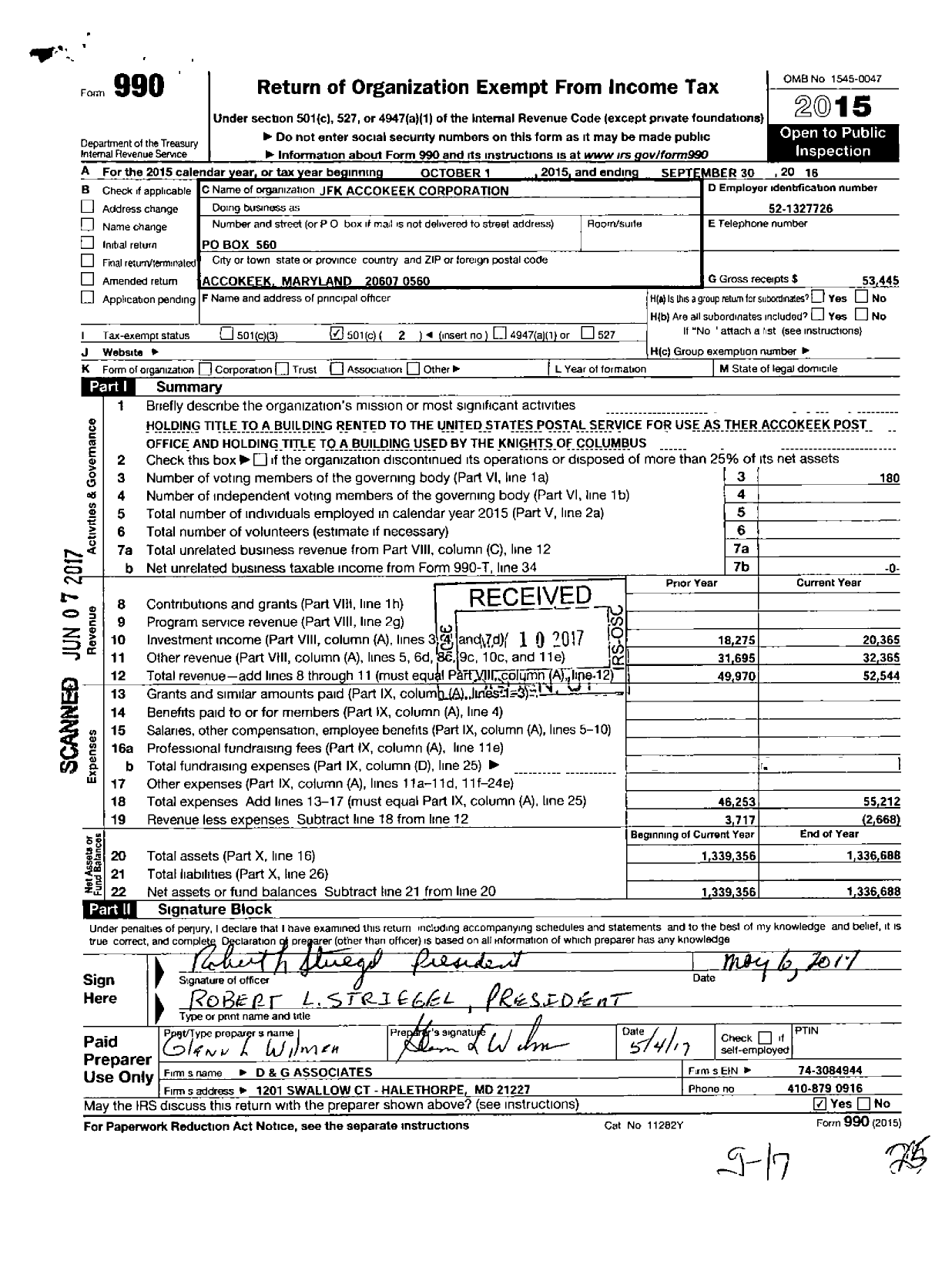 Image of first page of 2015 Form 990O for JFK Accokeek Corporation