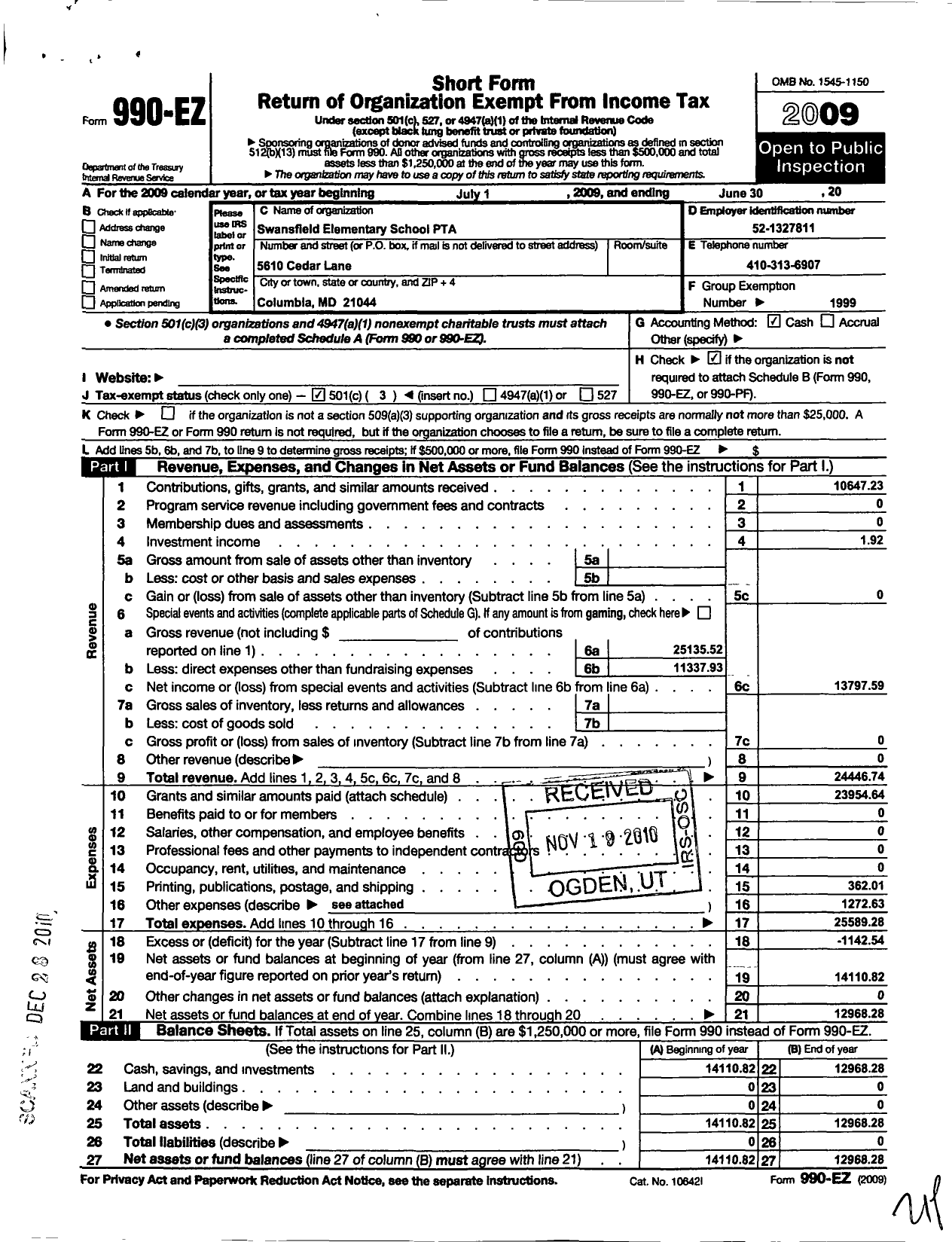 Image of first page of 2008 Form 990EZ for PTA Delaware Congress / Swansfield Elementary School PTA