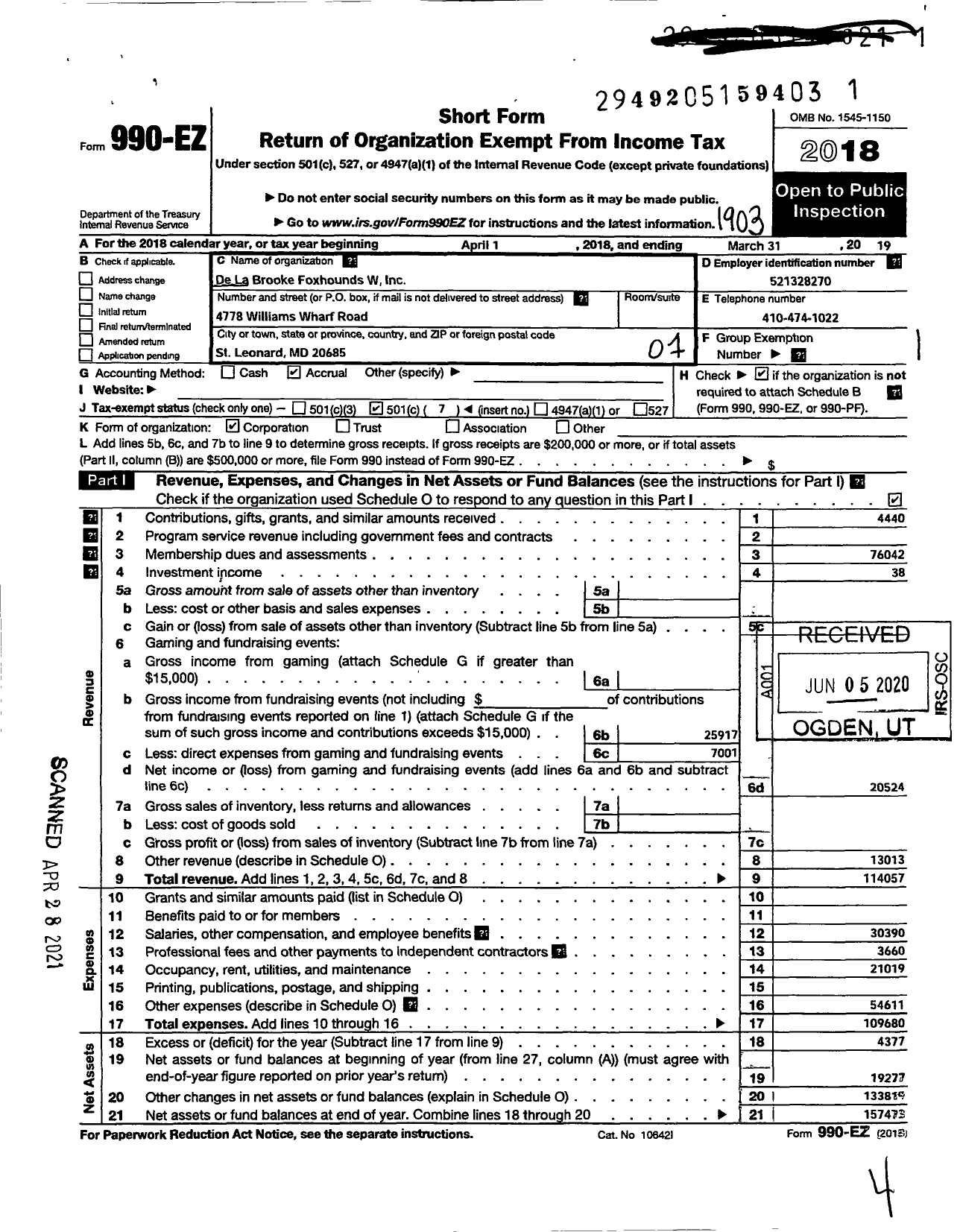 Image of first page of 2018 Form 990EO for De La Brooke Foxhounds W