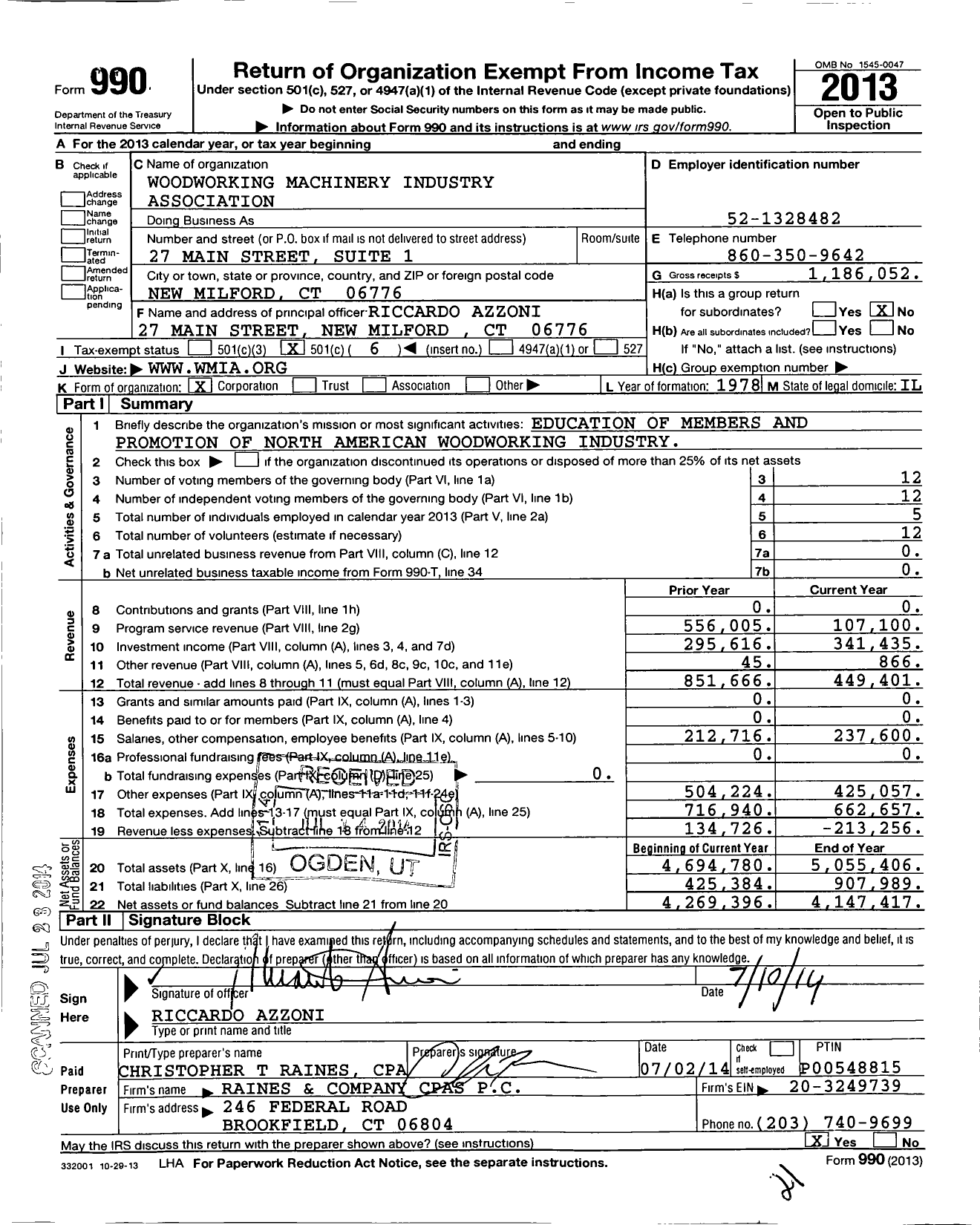 Image of first page of 2013 Form 990O for Woodworking Machinery Industry Association (WMIA)