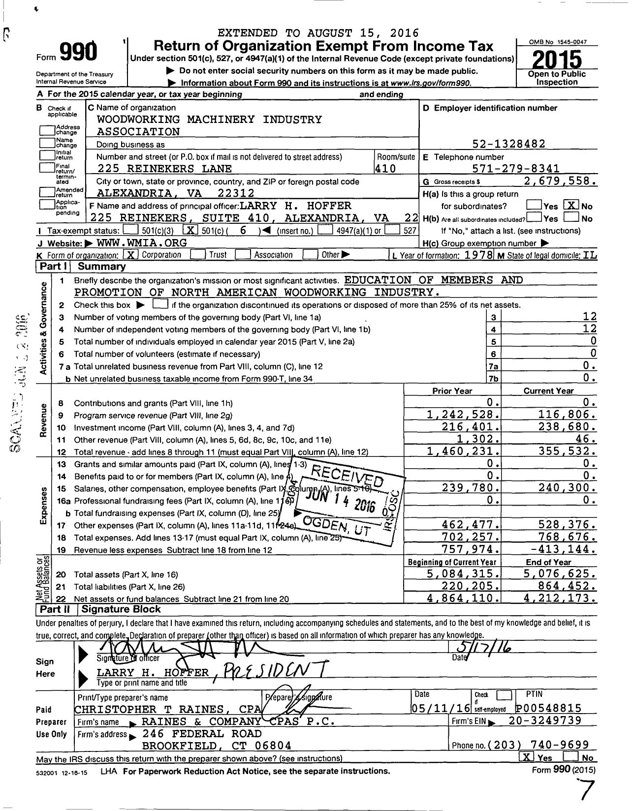 Image of first page of 2015 Form 990O for Woodworking Machinery Industry Association (WMIA)