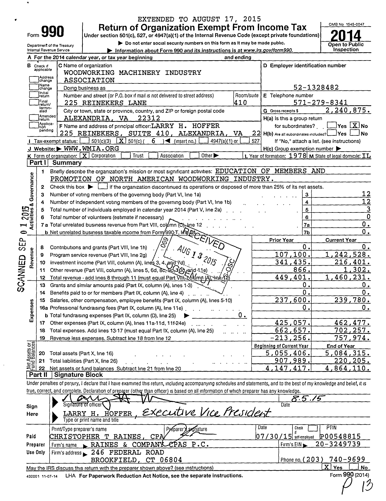 Image of first page of 2014 Form 990O for Woodworking Machinery Industry Association (WMIA)