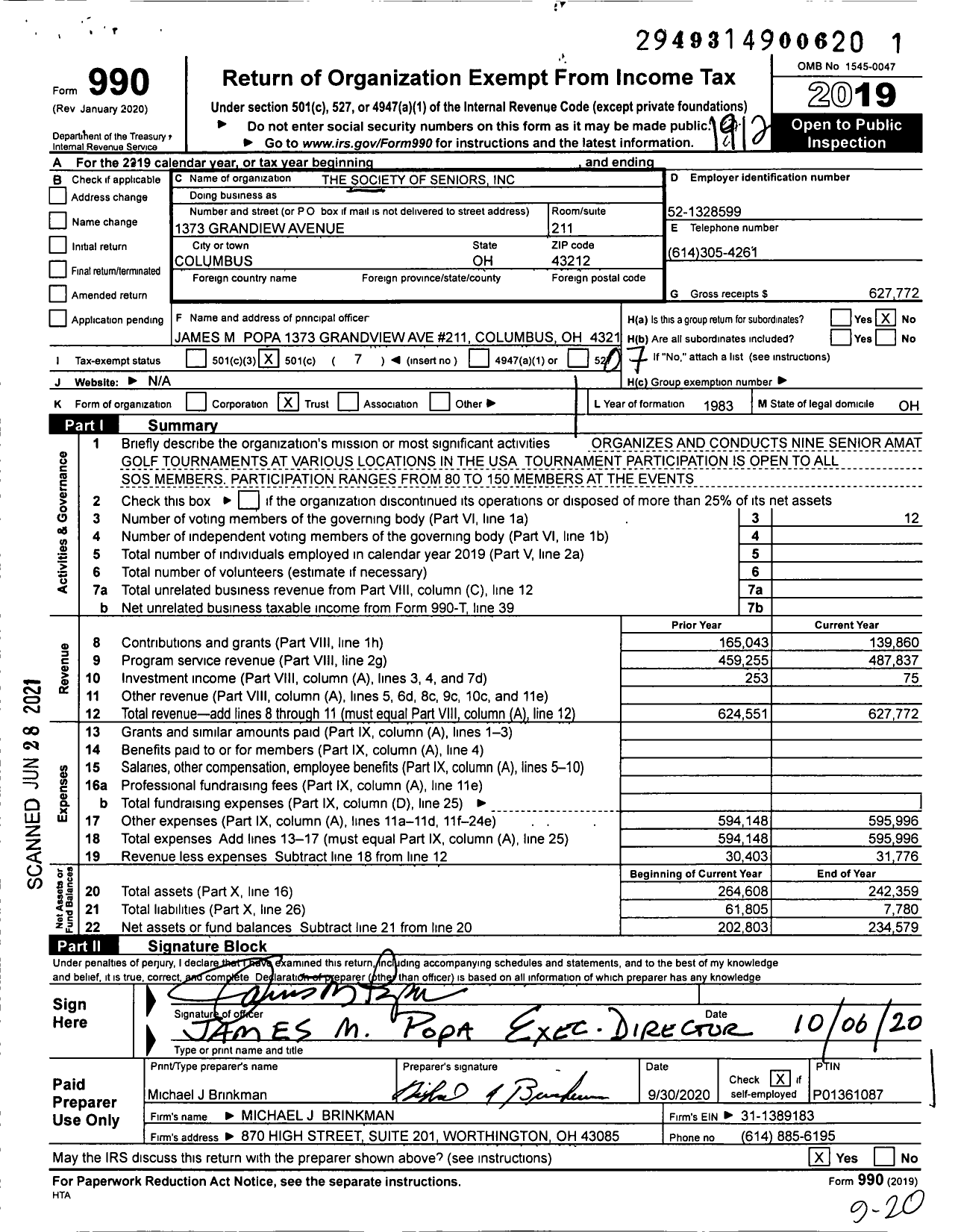 Image of first page of 2019 Form 990O for The Society of Seniors