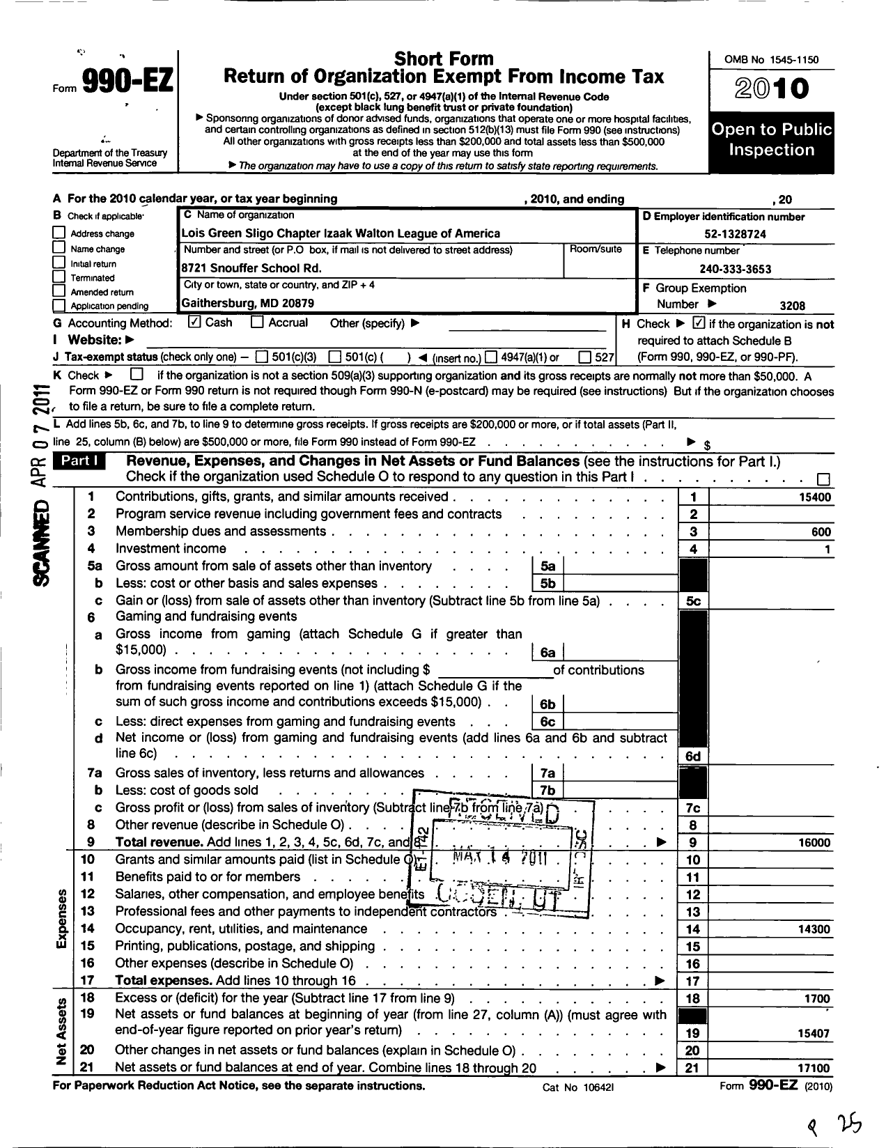 Image of first page of 2010 Form 990EO for Izaak Walton League of America - Lois Green Sligo Chapter